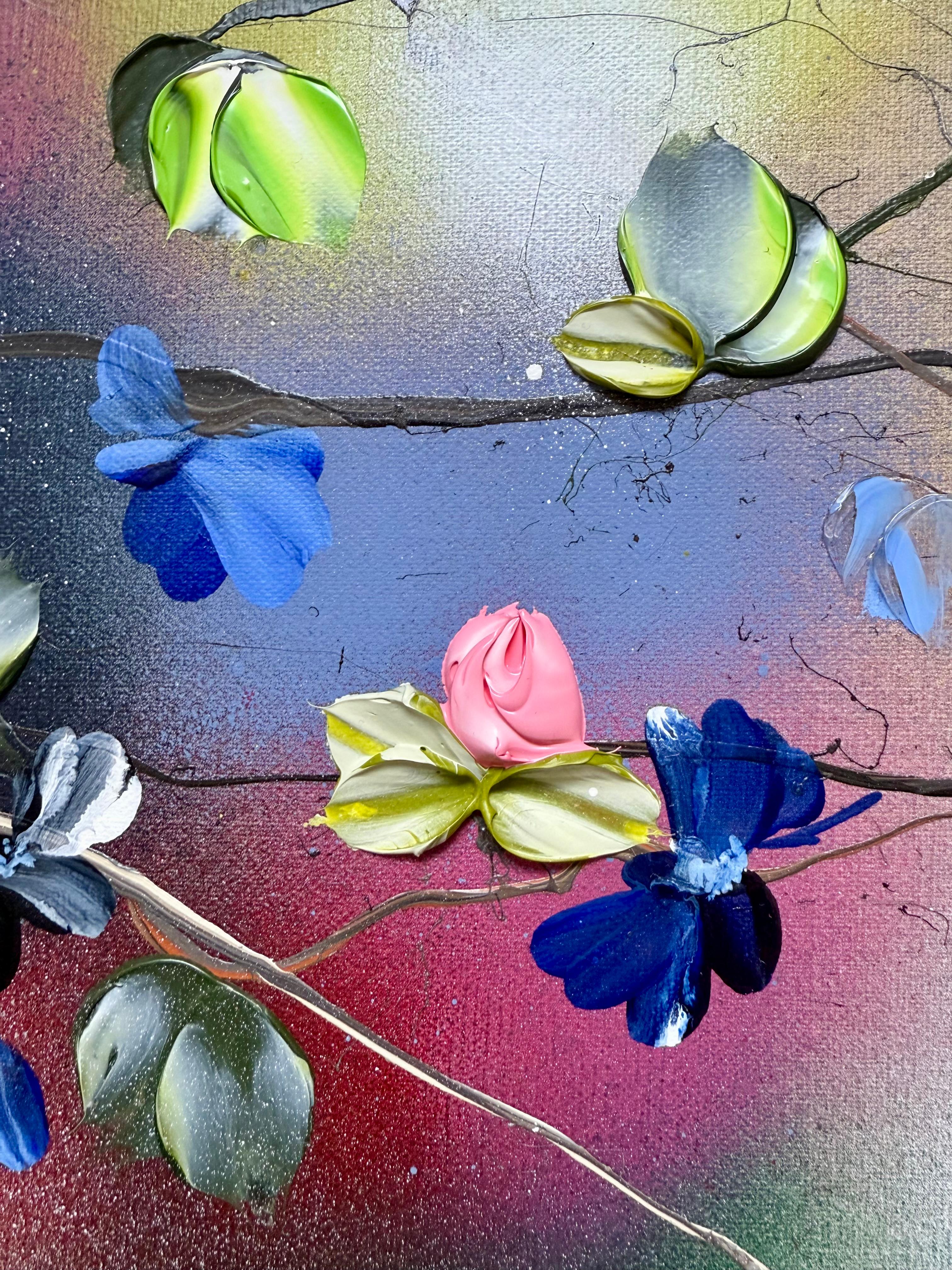 hirle florale I -  peinture impressionniste sur toile de lin avec roses 3d - Painting de Anastassia Skopp