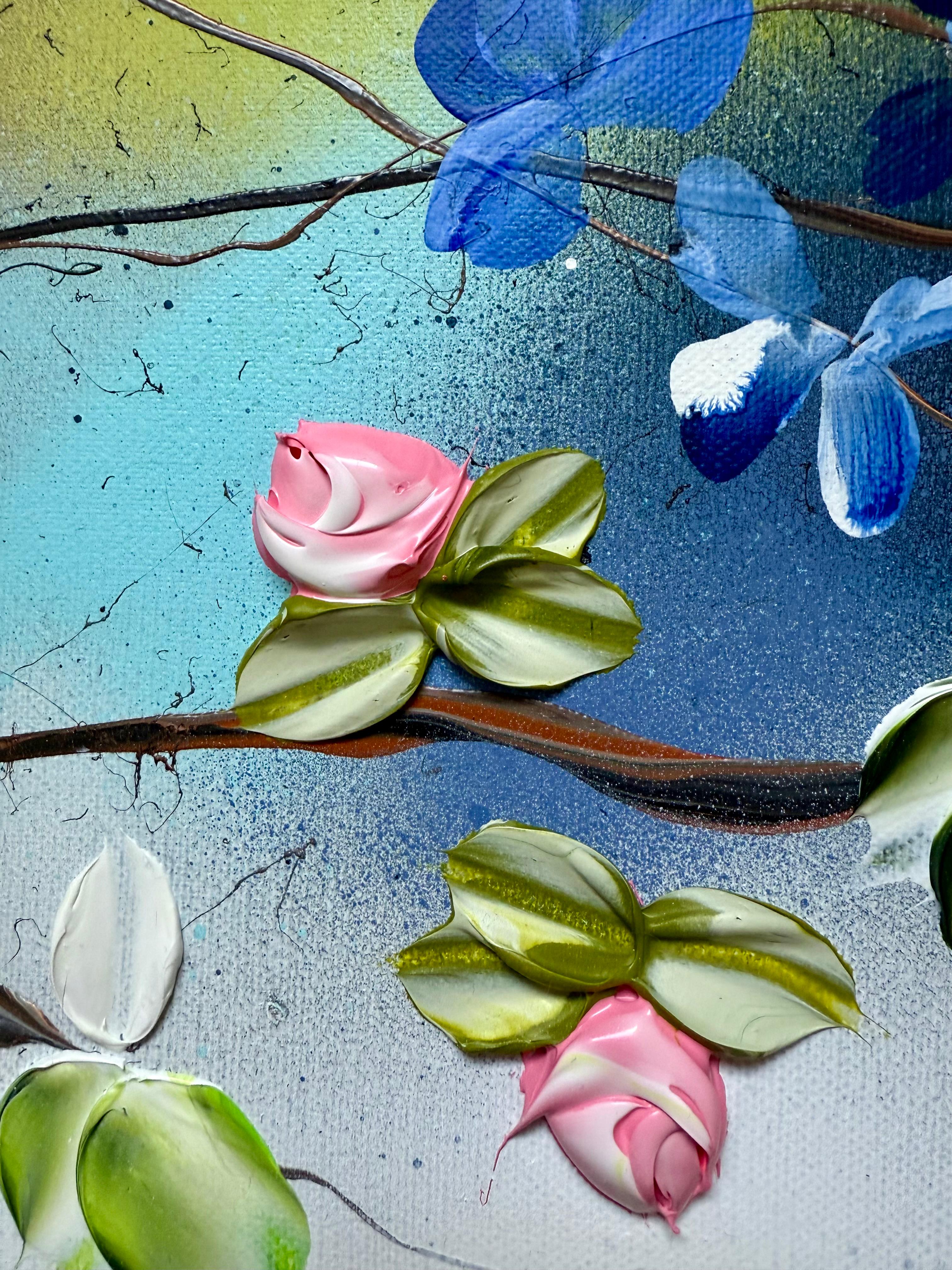 hirle florale I -  peinture impressionniste sur toile de lin avec roses 3d - Impressionnisme abstrait Painting par Anastassia Skopp