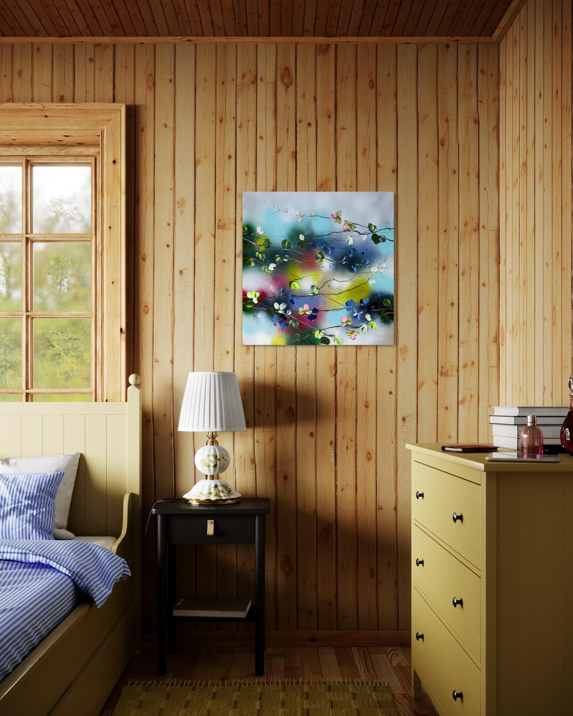 hirle florale I -  peinture impressionniste sur toile de lin avec roses 3d en vente 1