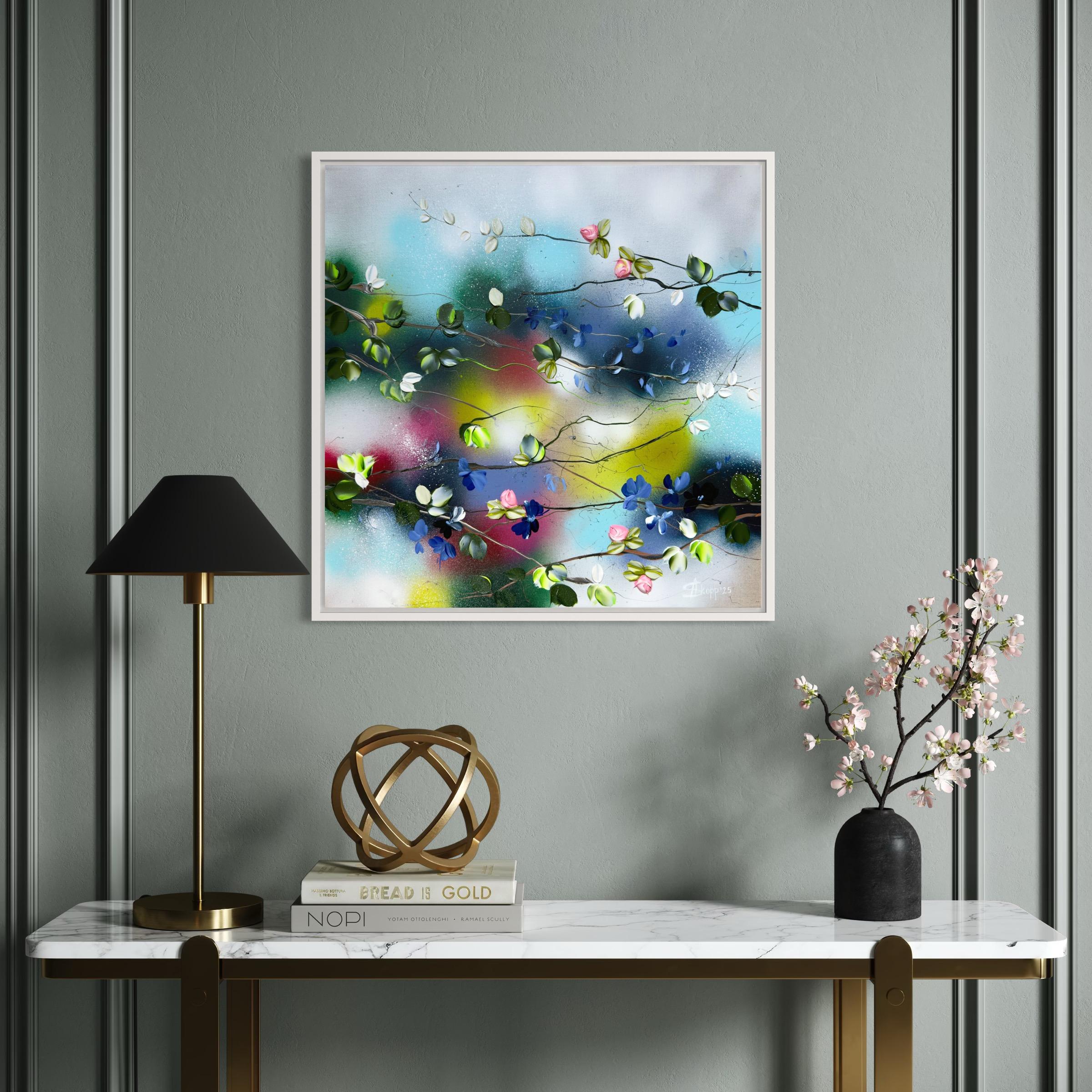 hirle florale I -  peinture impressionniste sur toile de lin avec roses 3d en vente 2