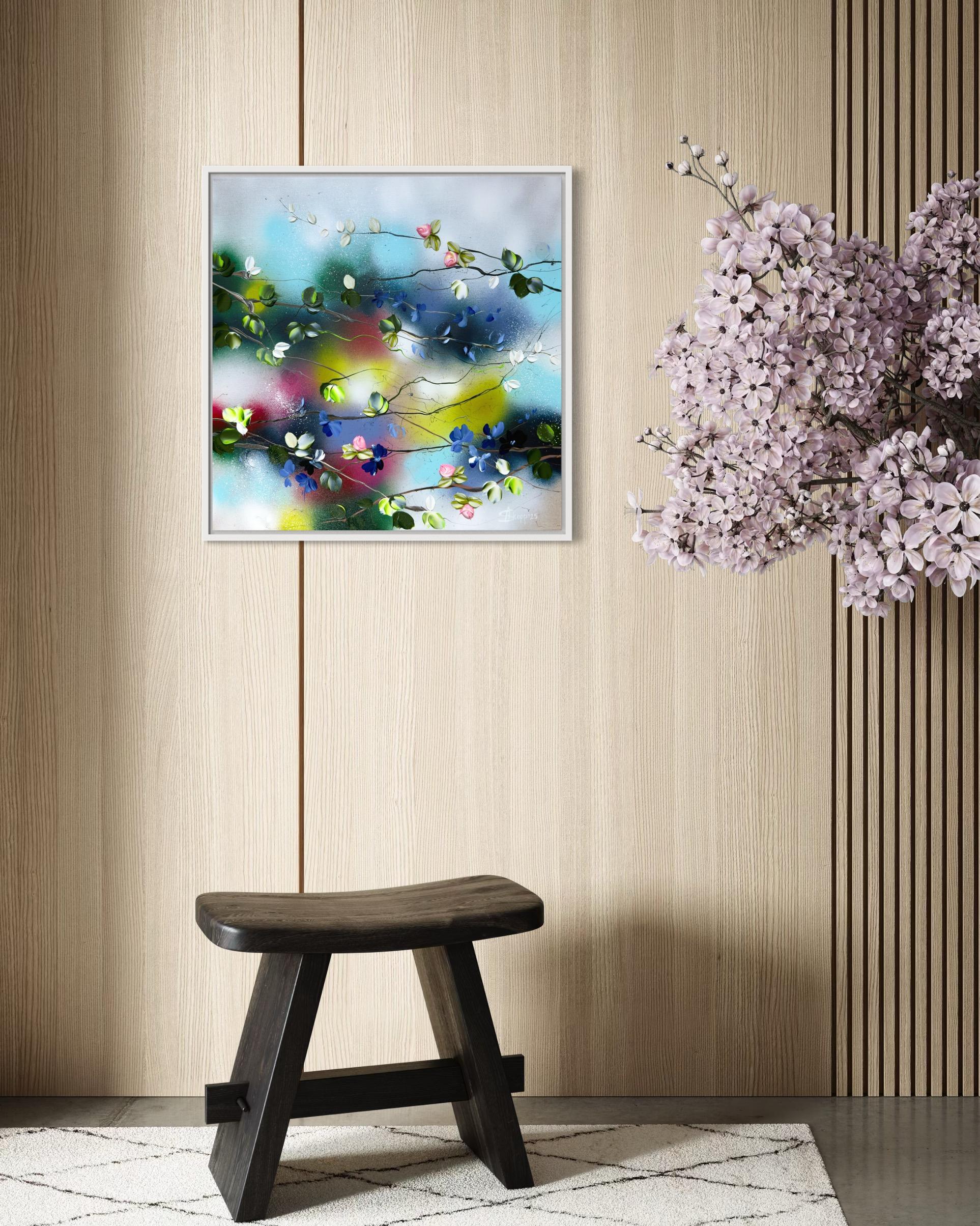 hirle florale I -  peinture impressionniste sur toile de lin avec roses 3d en vente 3