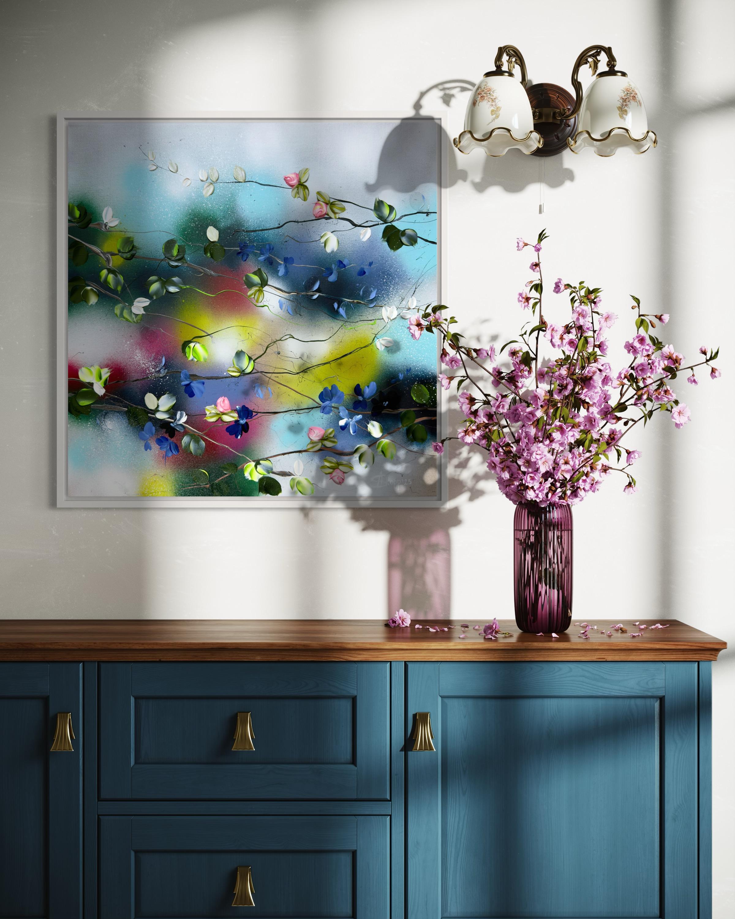 hirle florale I -  peinture impressionniste sur toile de lin avec roses 3d en vente 4