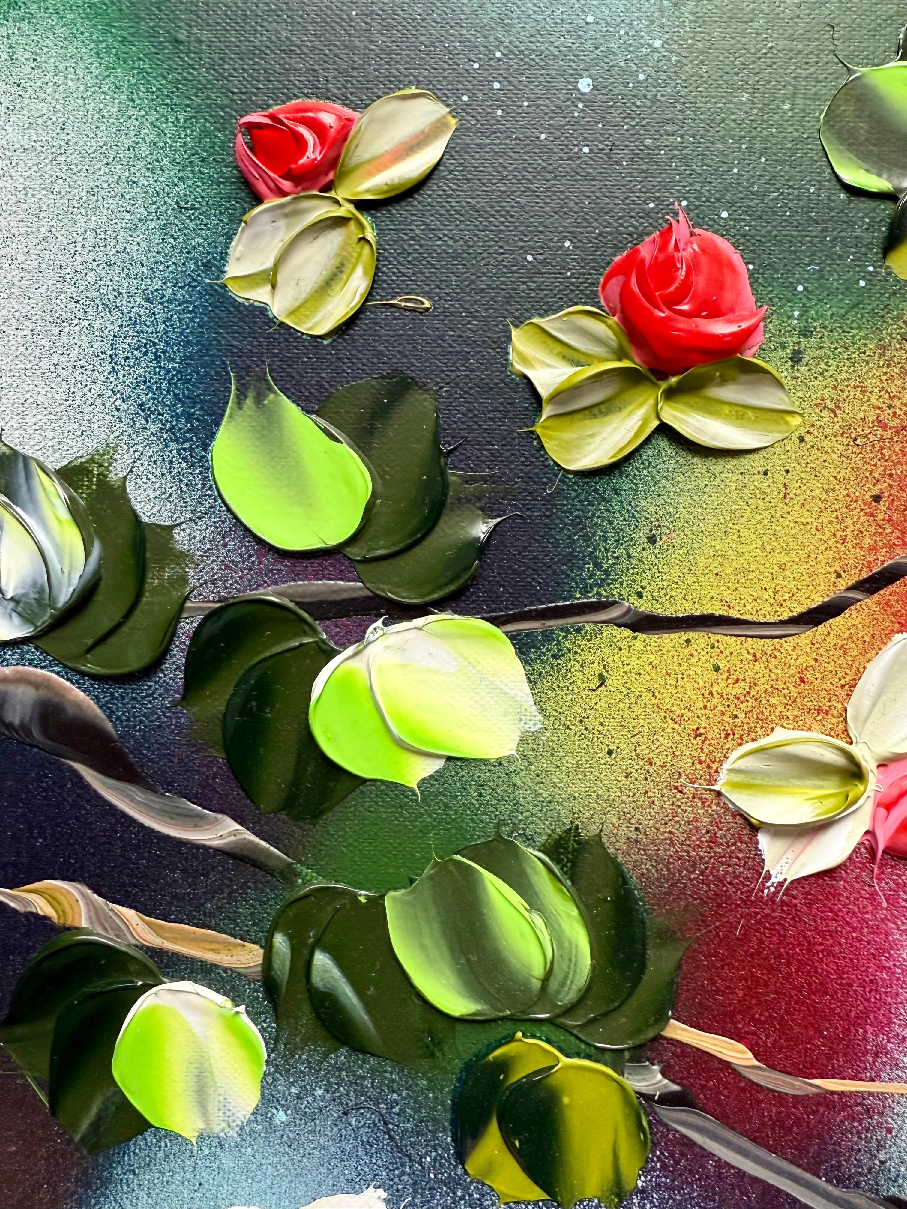 Remolino Floral II -  pintura impresionista sobre lienzo de lino con rosas en 3d en venta 5