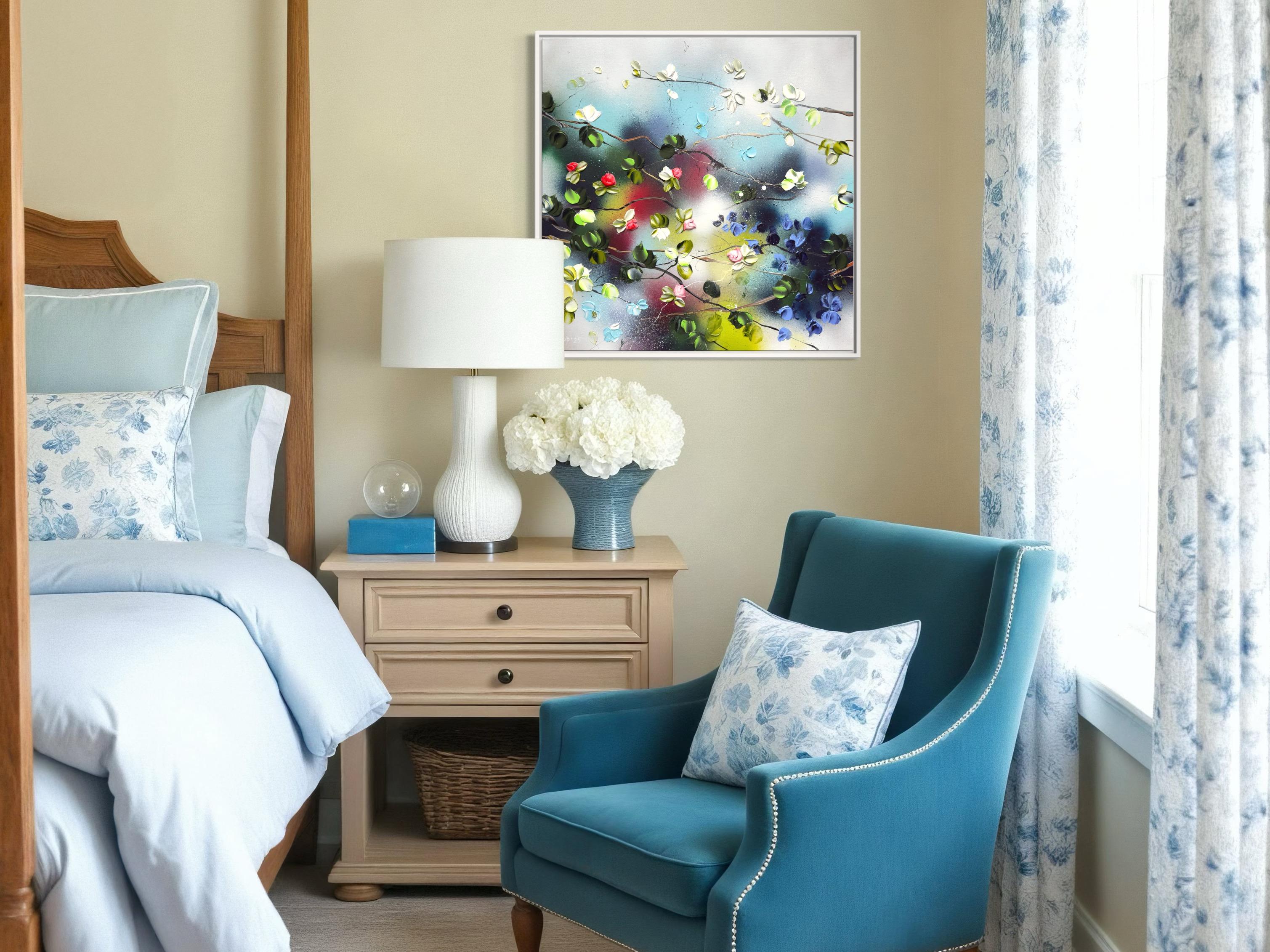 Remolino Floral II -  pintura impresionista sobre lienzo de lino con rosas en 3d en venta 6