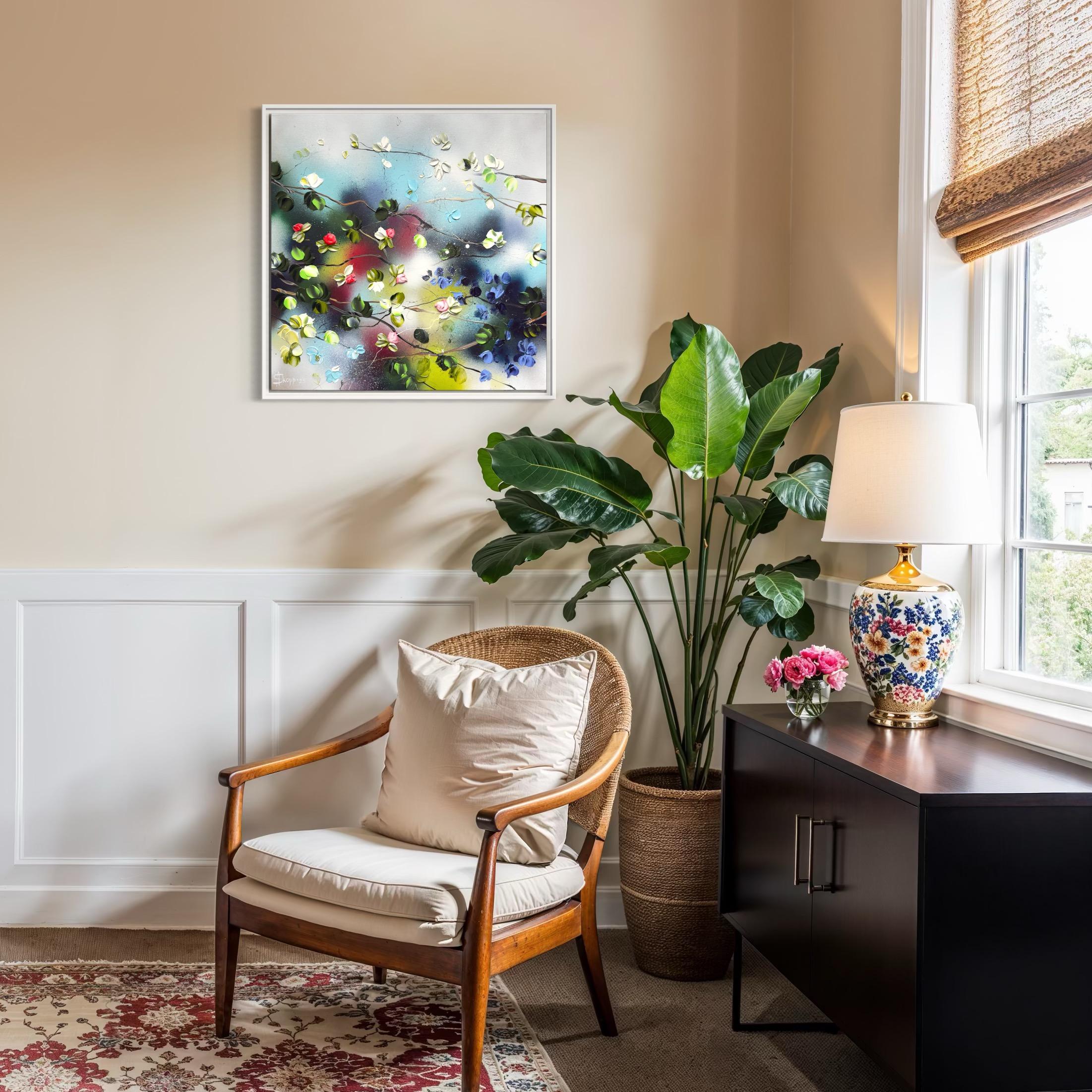 Remolino Floral II -  pintura impresionista sobre lienzo de lino con rosas en 3d en venta 8