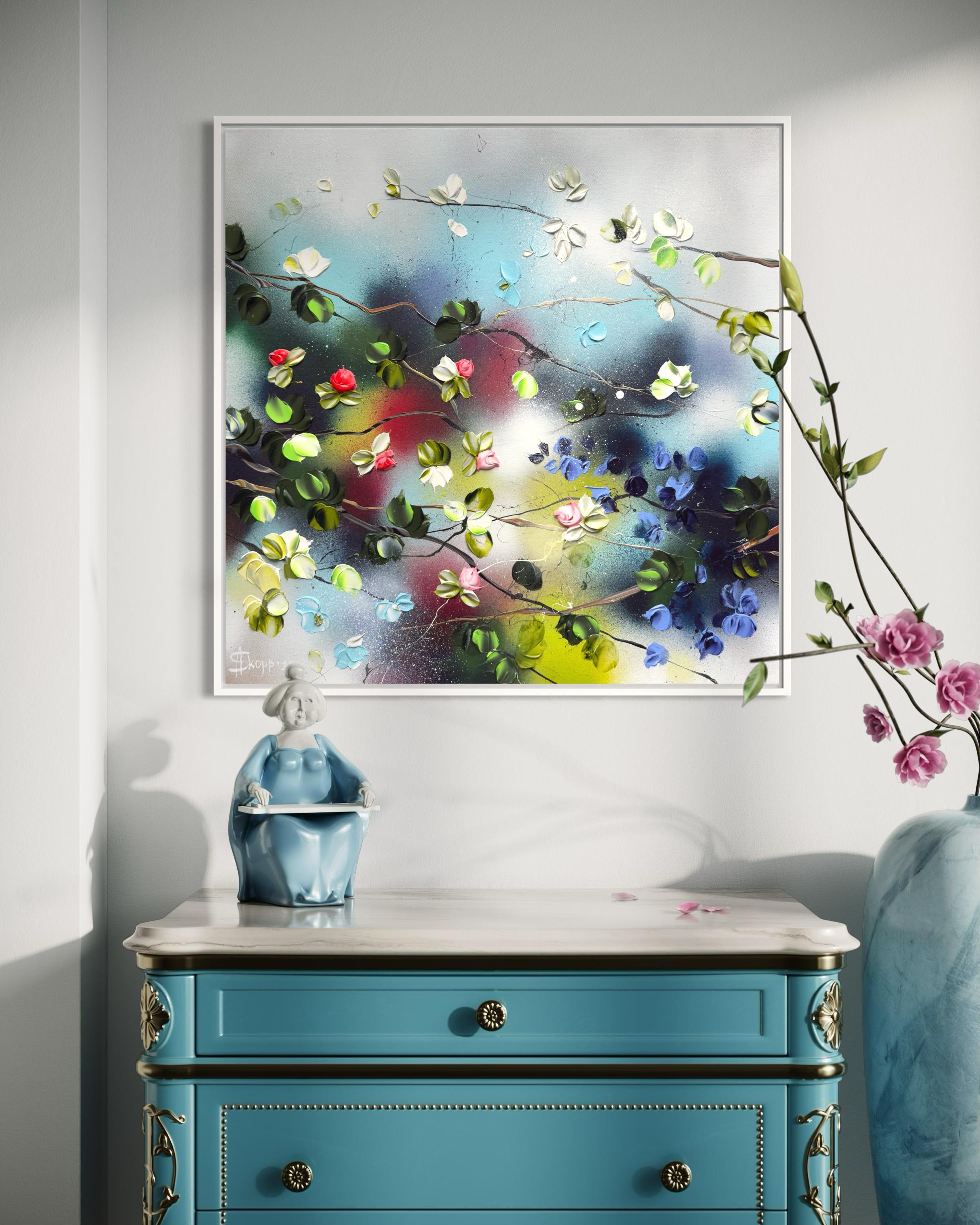 Remolino Floral II -  pintura impresionista sobre lienzo de lino con rosas en 3d en venta 10