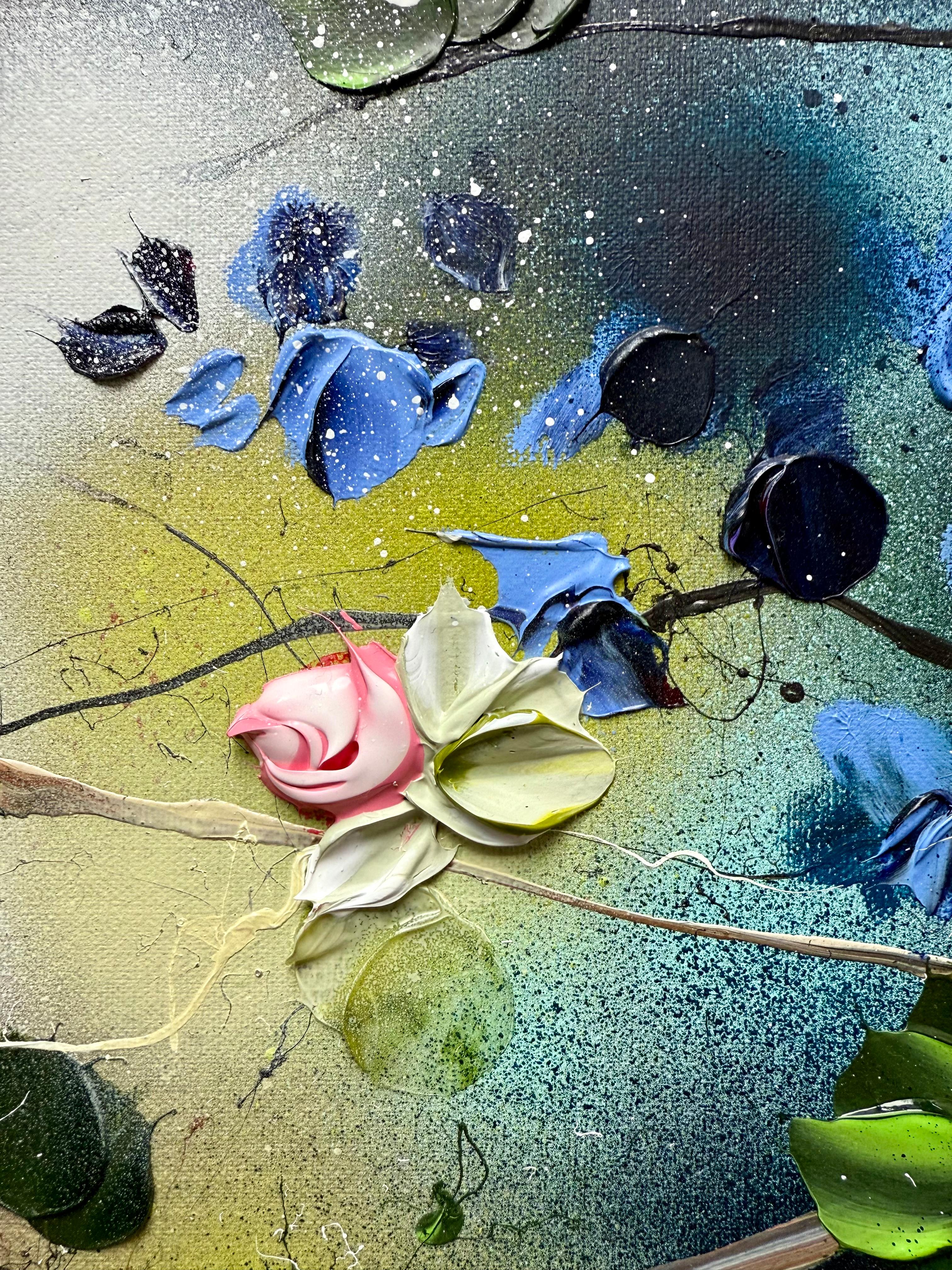 Remolino Floral II -  pintura impresionista sobre lienzo de lino con rosas en 3d - Painting de Anastassia Skopp