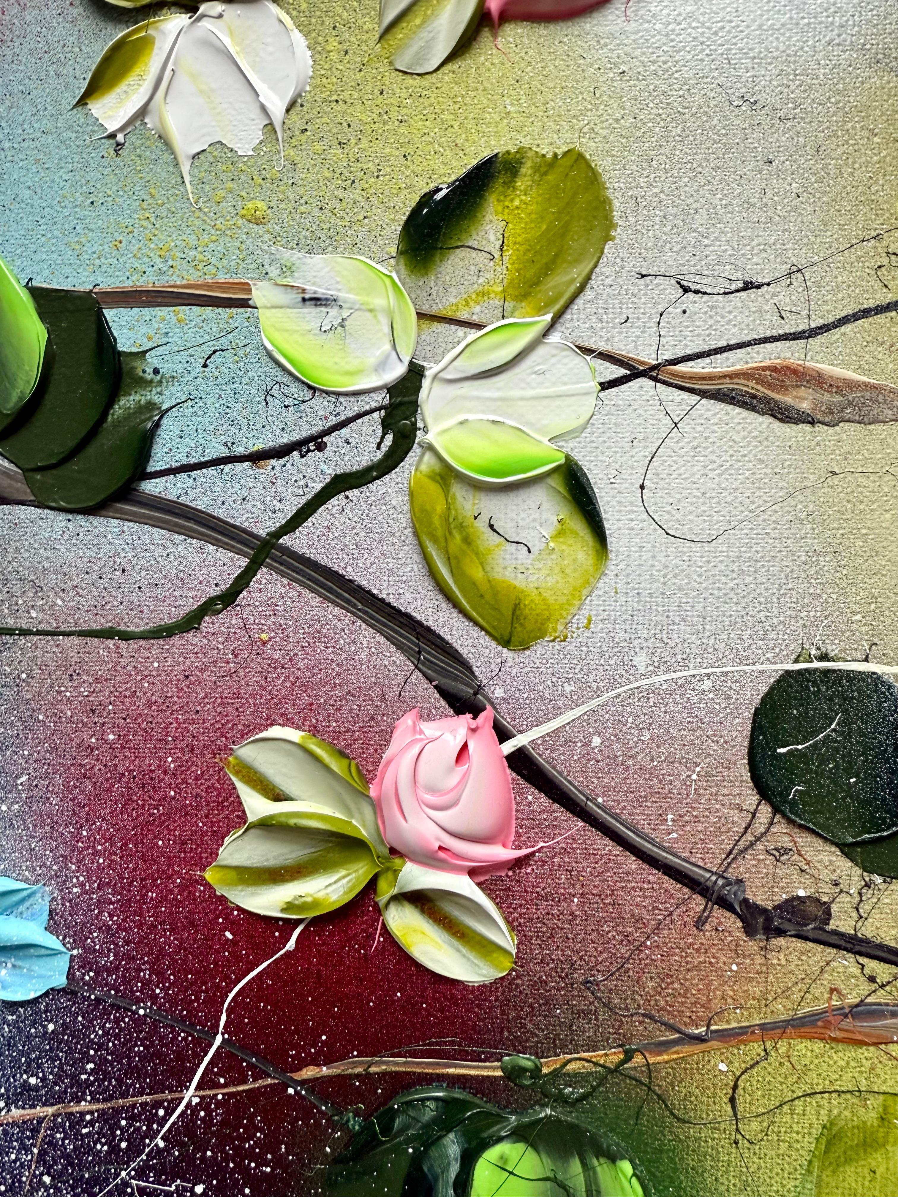 Remolino Floral II -  pintura impresionista sobre lienzo de lino con rosas en 3d - Painting Impresionista abstracto de Anastassia Skopp