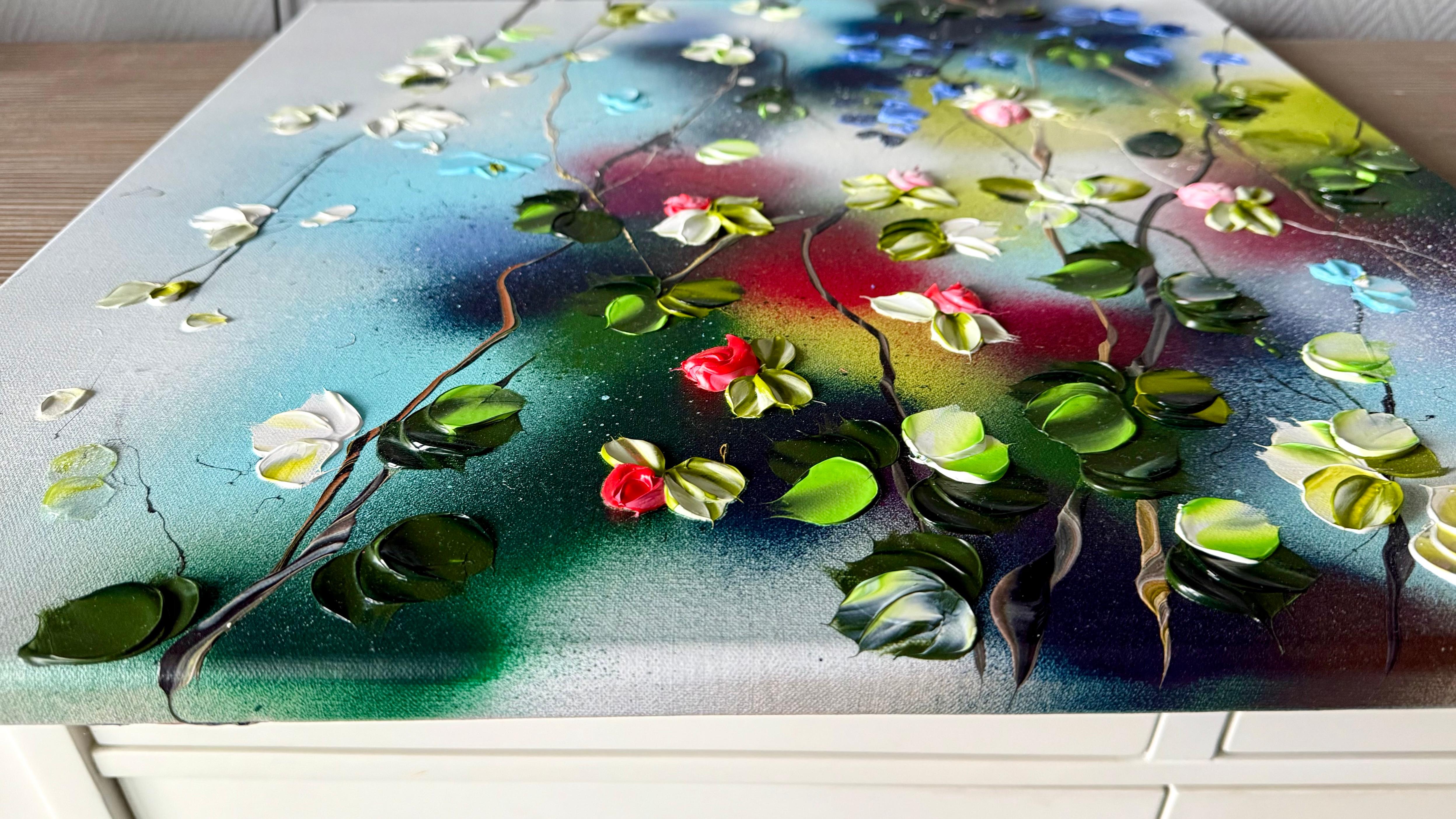 Remolino Floral II -  pintura impresionista sobre lienzo de lino con rosas en 3d - Figurative Painting Gris de Anastassia Skopp