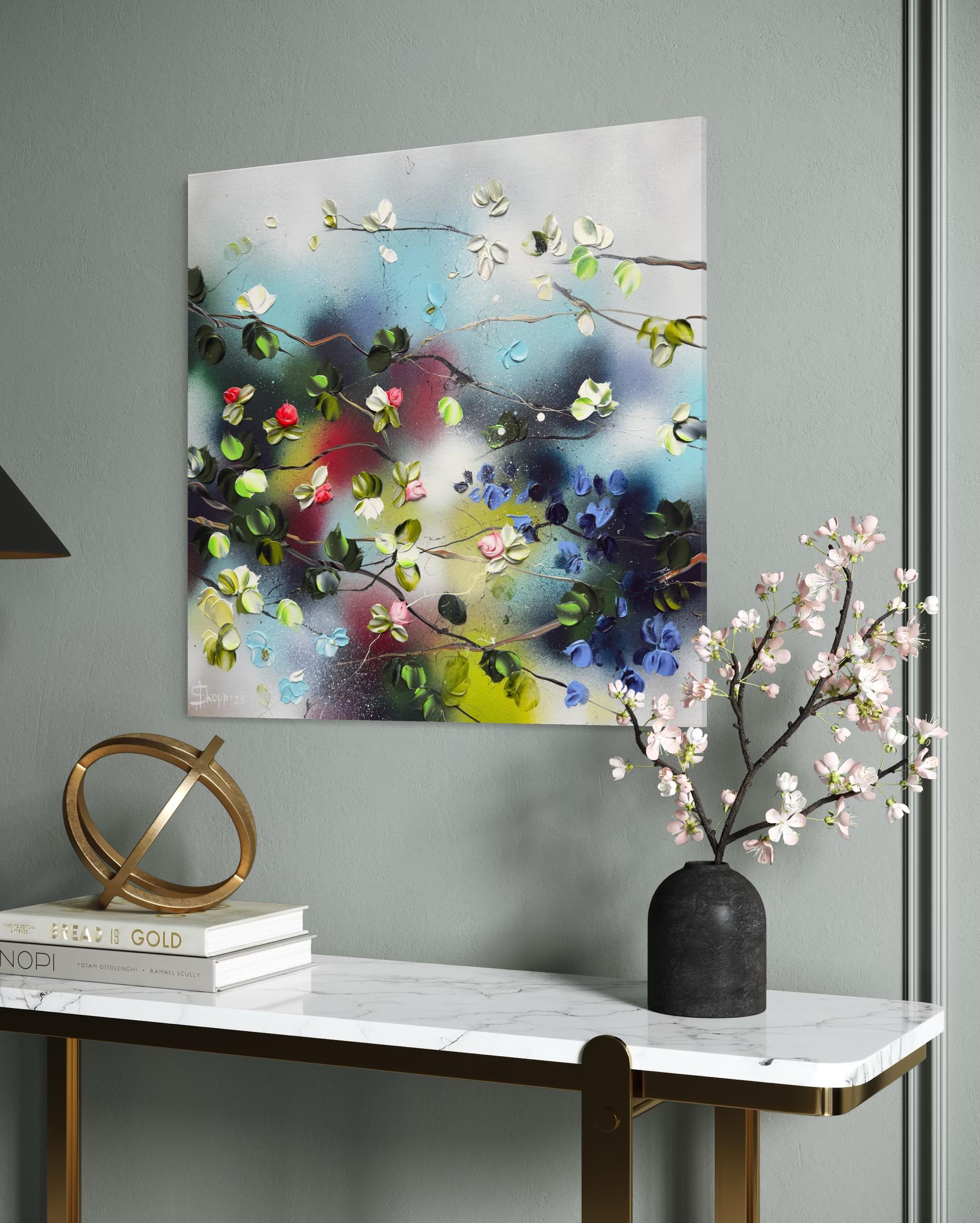 Remolino Floral II -  pintura impresionista sobre lienzo de lino con rosas en 3d en venta 1
