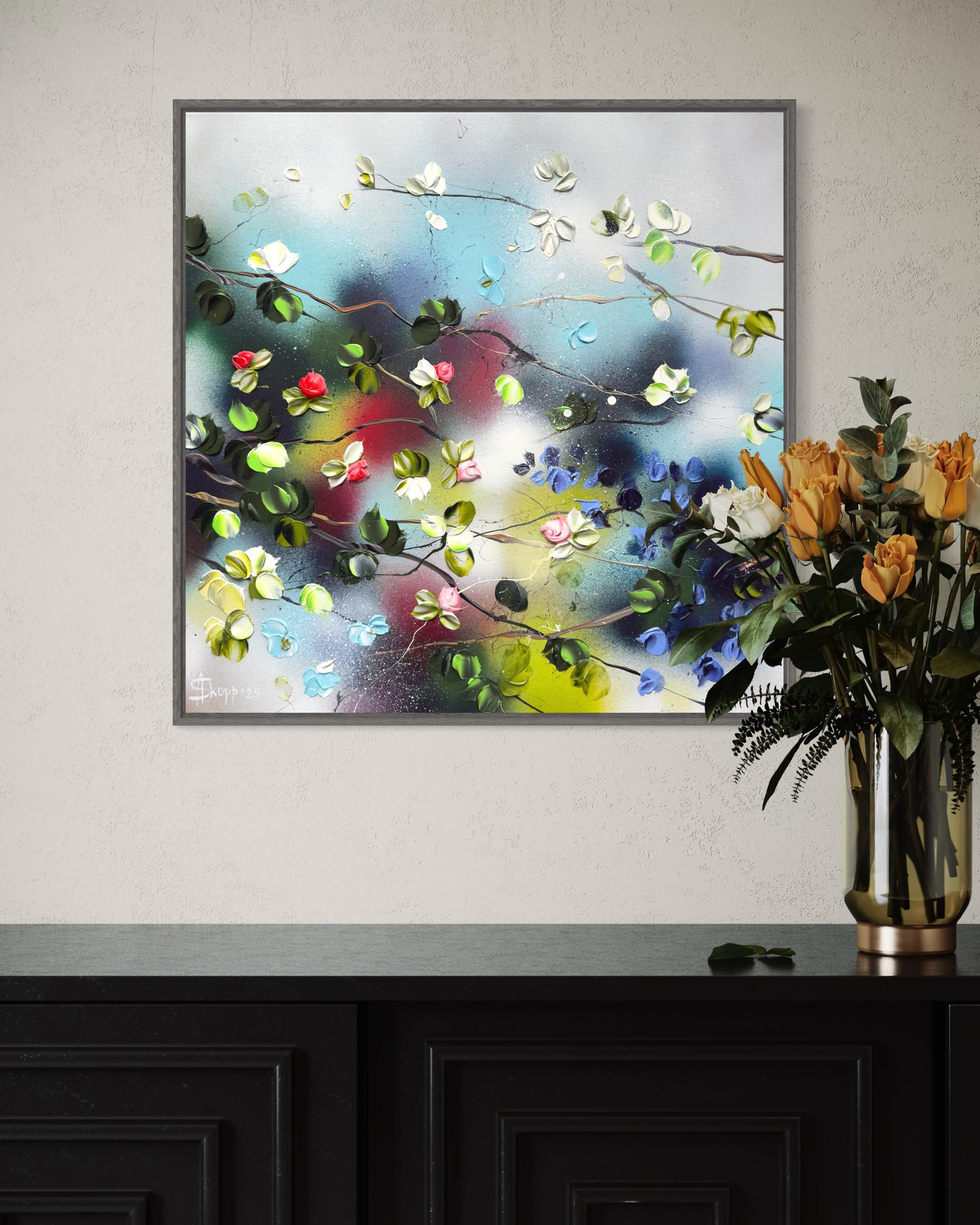 Remolino Floral II -  pintura impresionista sobre lienzo de lino con rosas en 3d en venta 2