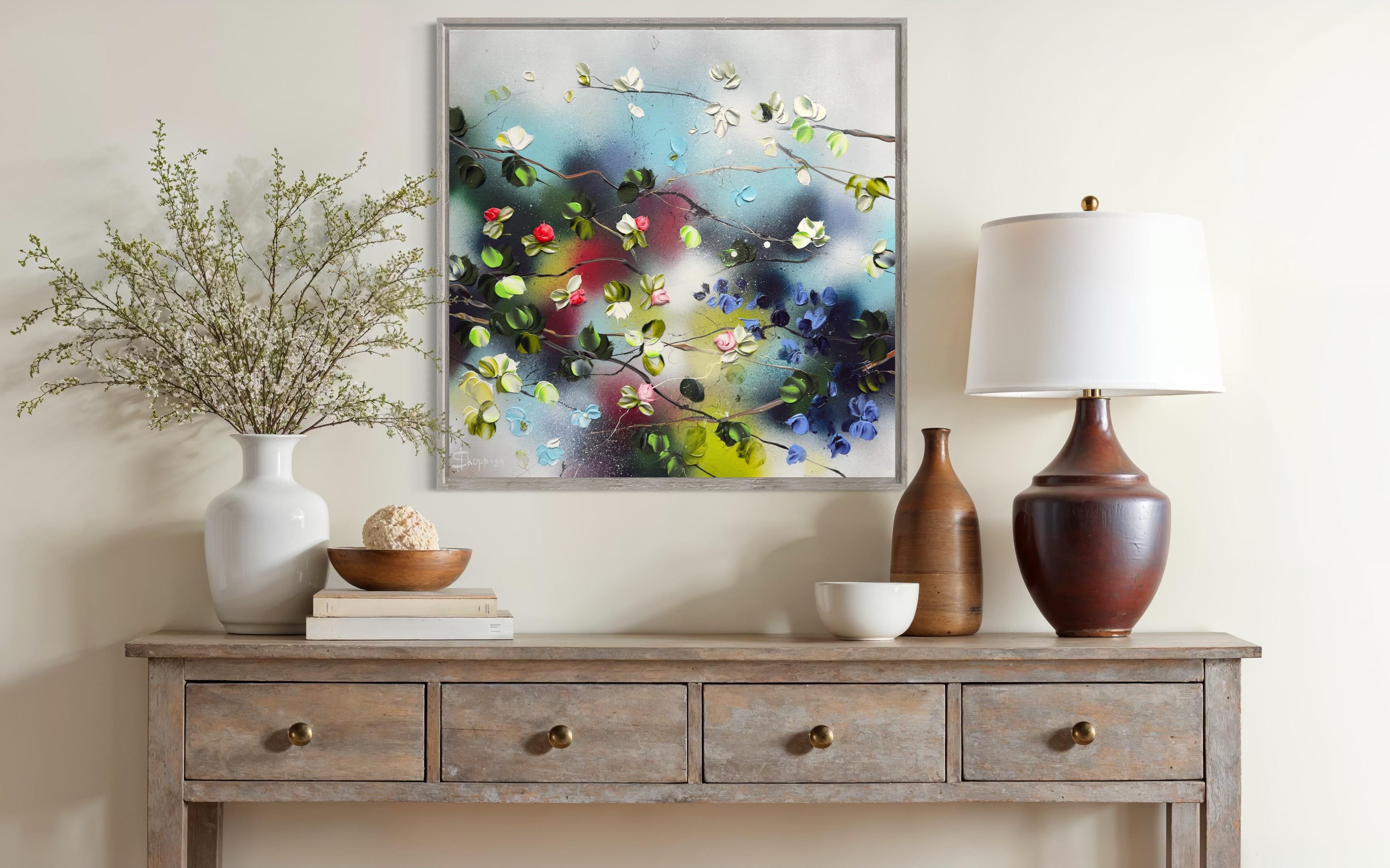 Remolino Floral II -  pintura impresionista sobre lienzo de lino con rosas en 3d en venta 3