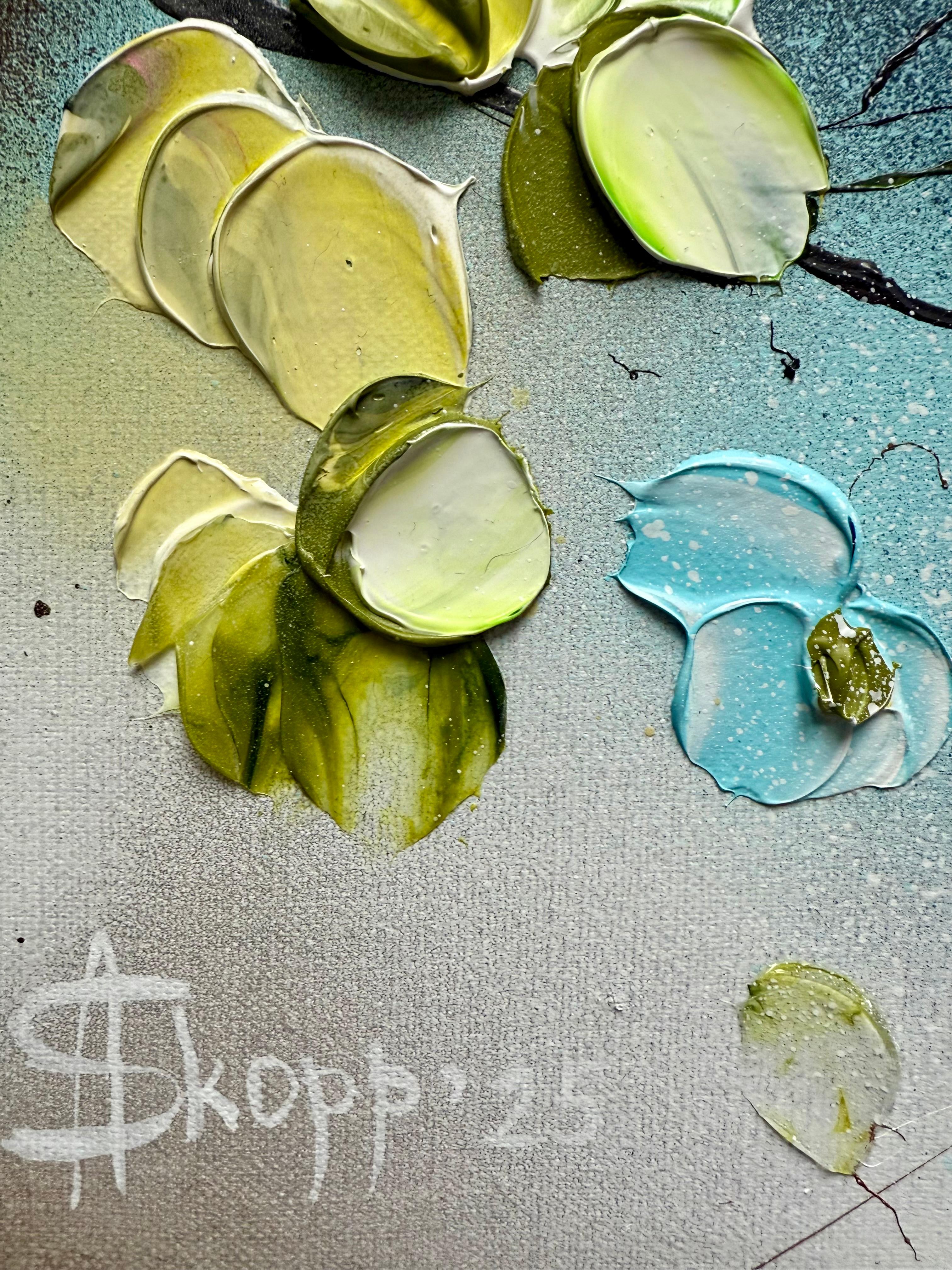 Remolino Floral II -  pintura impresionista sobre lienzo de lino con rosas en 3d en venta 4