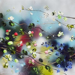 Floral Whirl II -  impressionistic painting on linen canvas with 3d roses