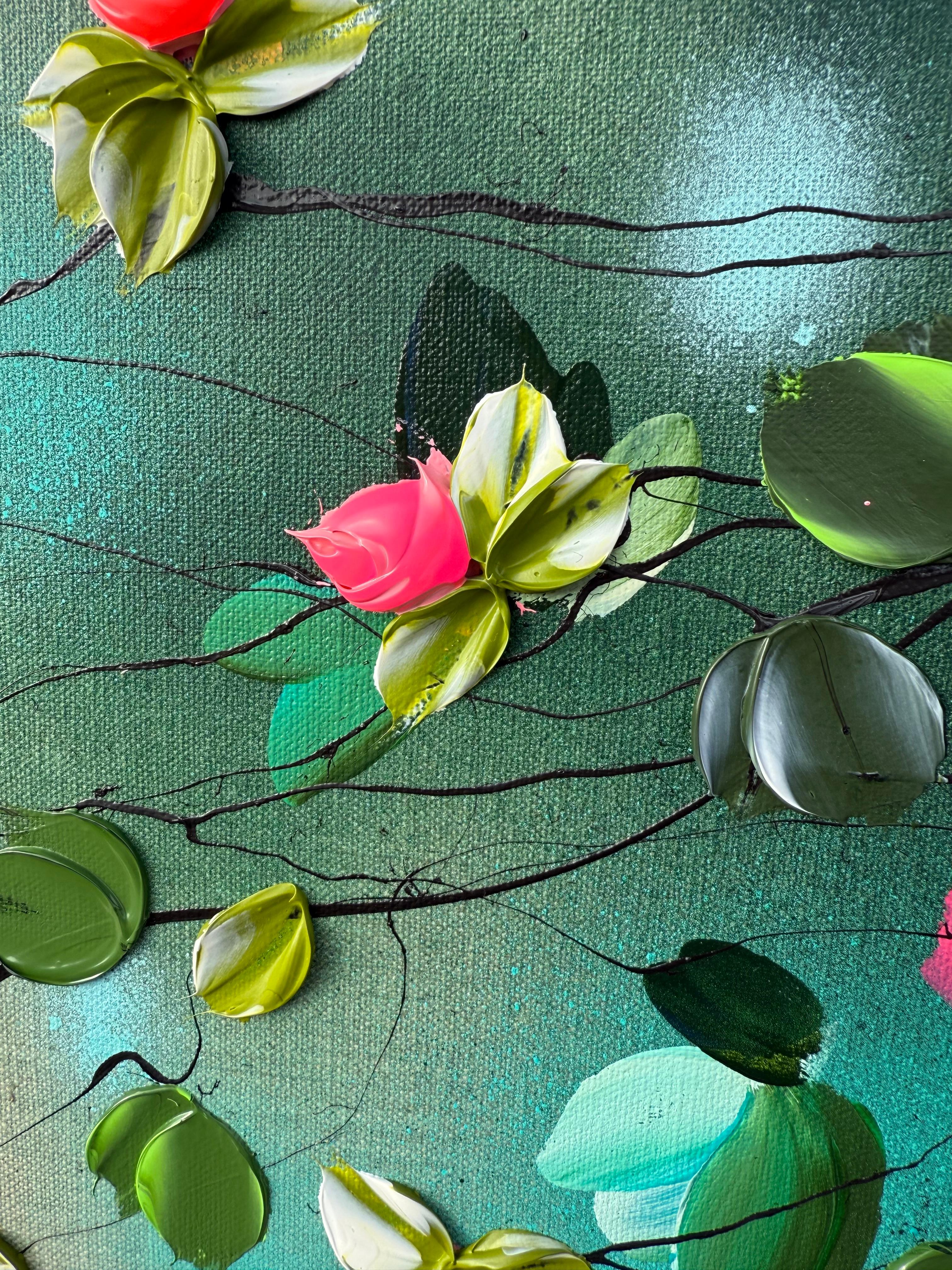 Parlare con i fiori I -  dipinto impressionistico su tela di lino con rose in 3d in vendita 5