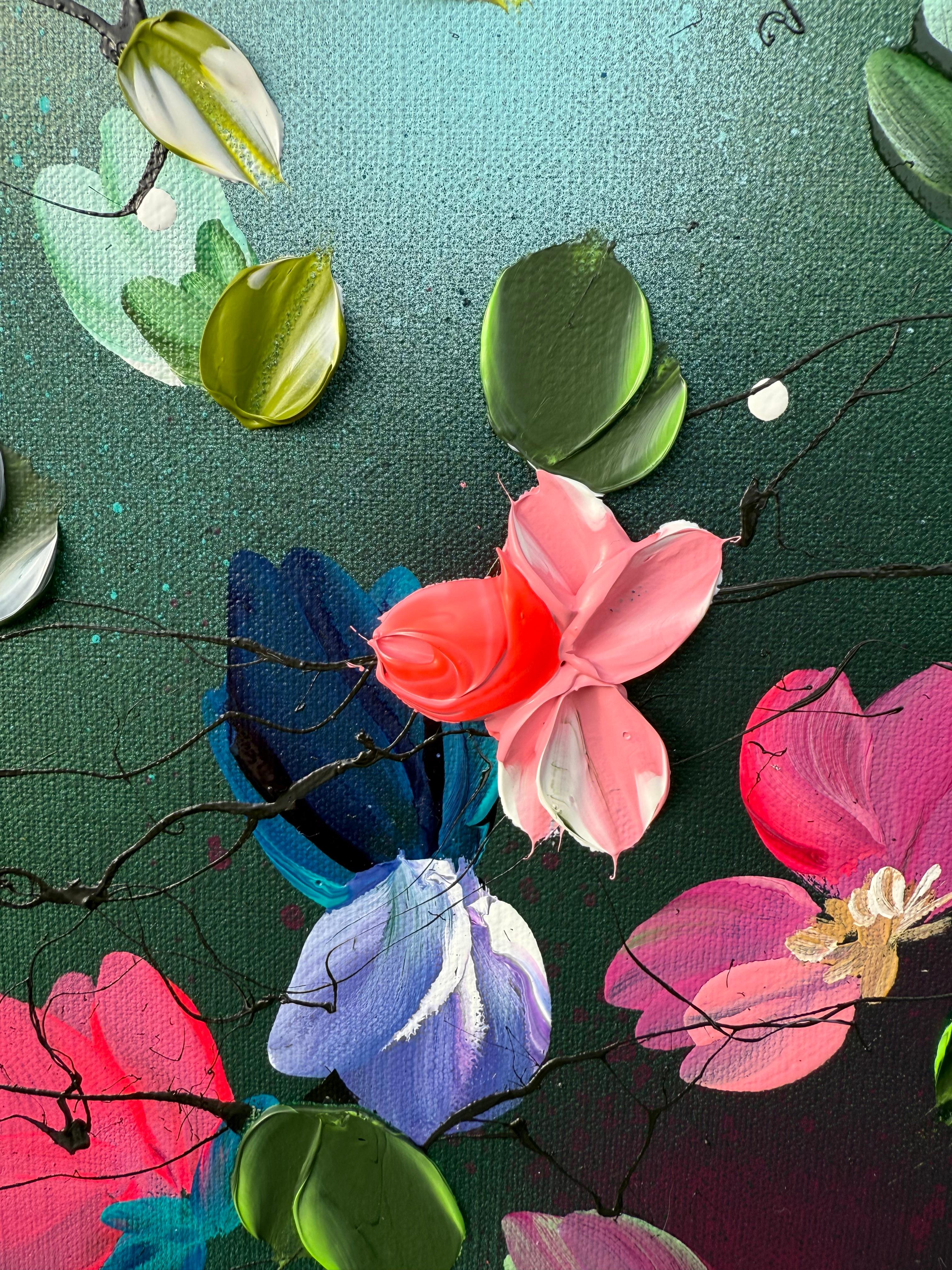 Parlare con i fiori I -  dipinto impressionistico su tela di lino con rose in 3d in vendita 6