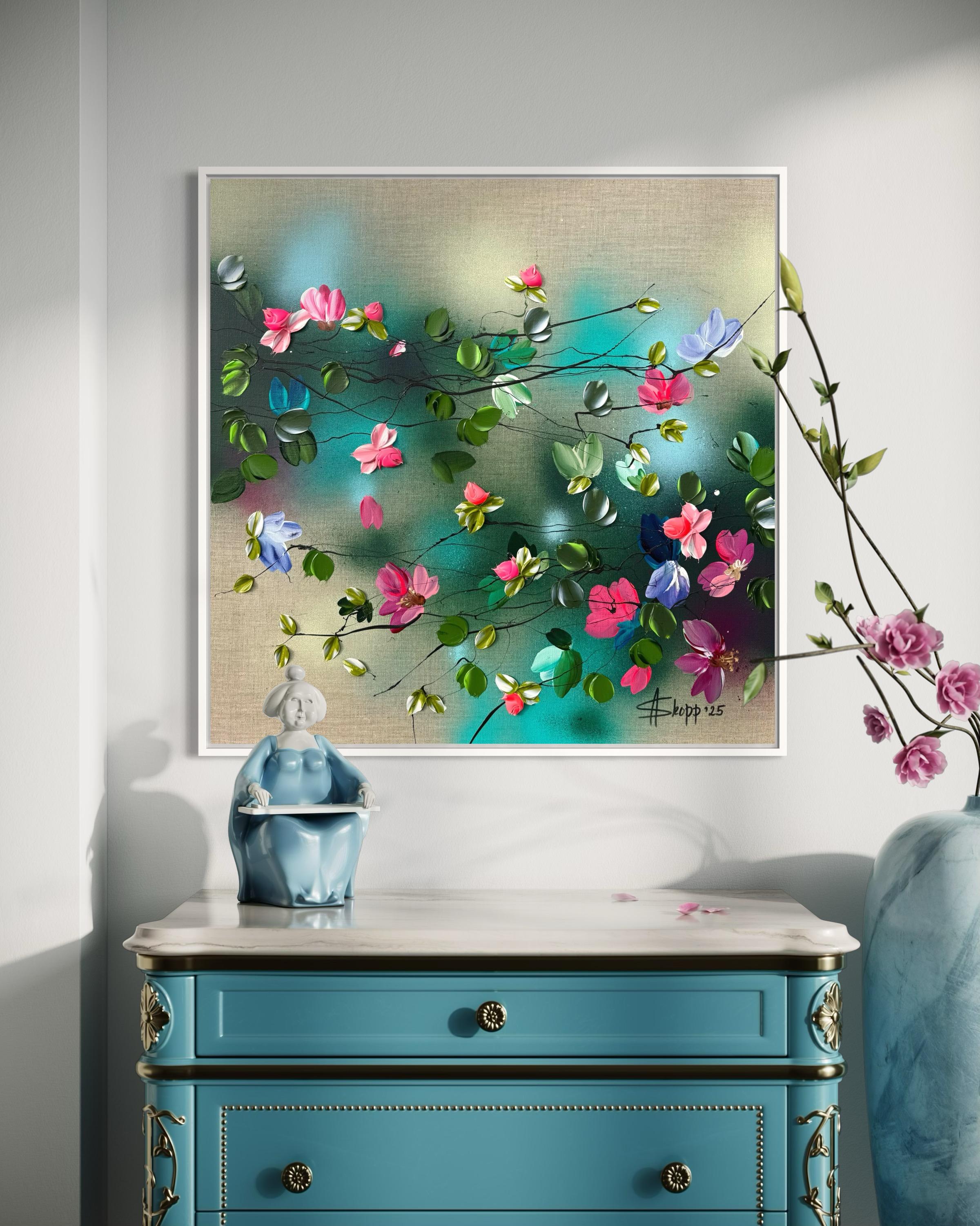 Parlare con i fiori I -  dipinto impressionistico su tela di lino con rose in 3d in vendita 7