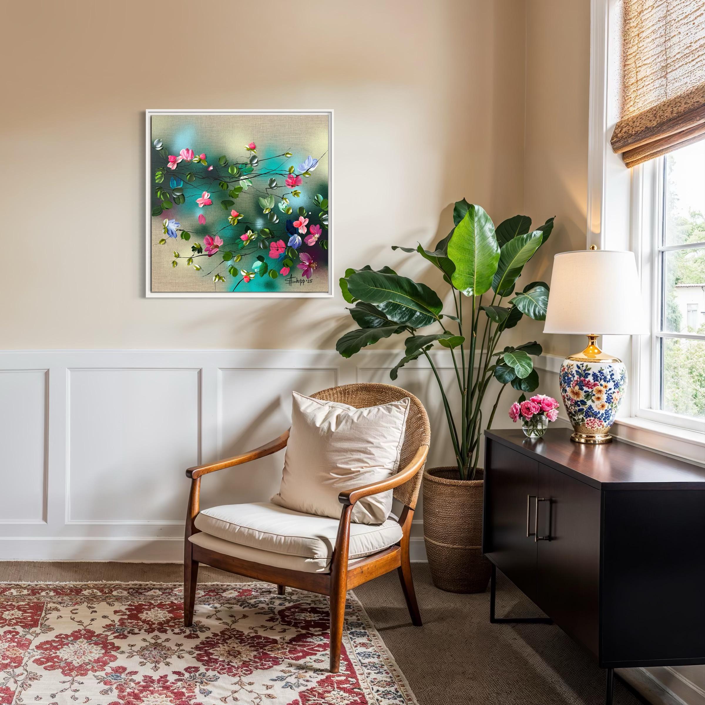 Parlare con i fiori I -  dipinto impressionistico su tela di lino con rose in 3d in vendita 8