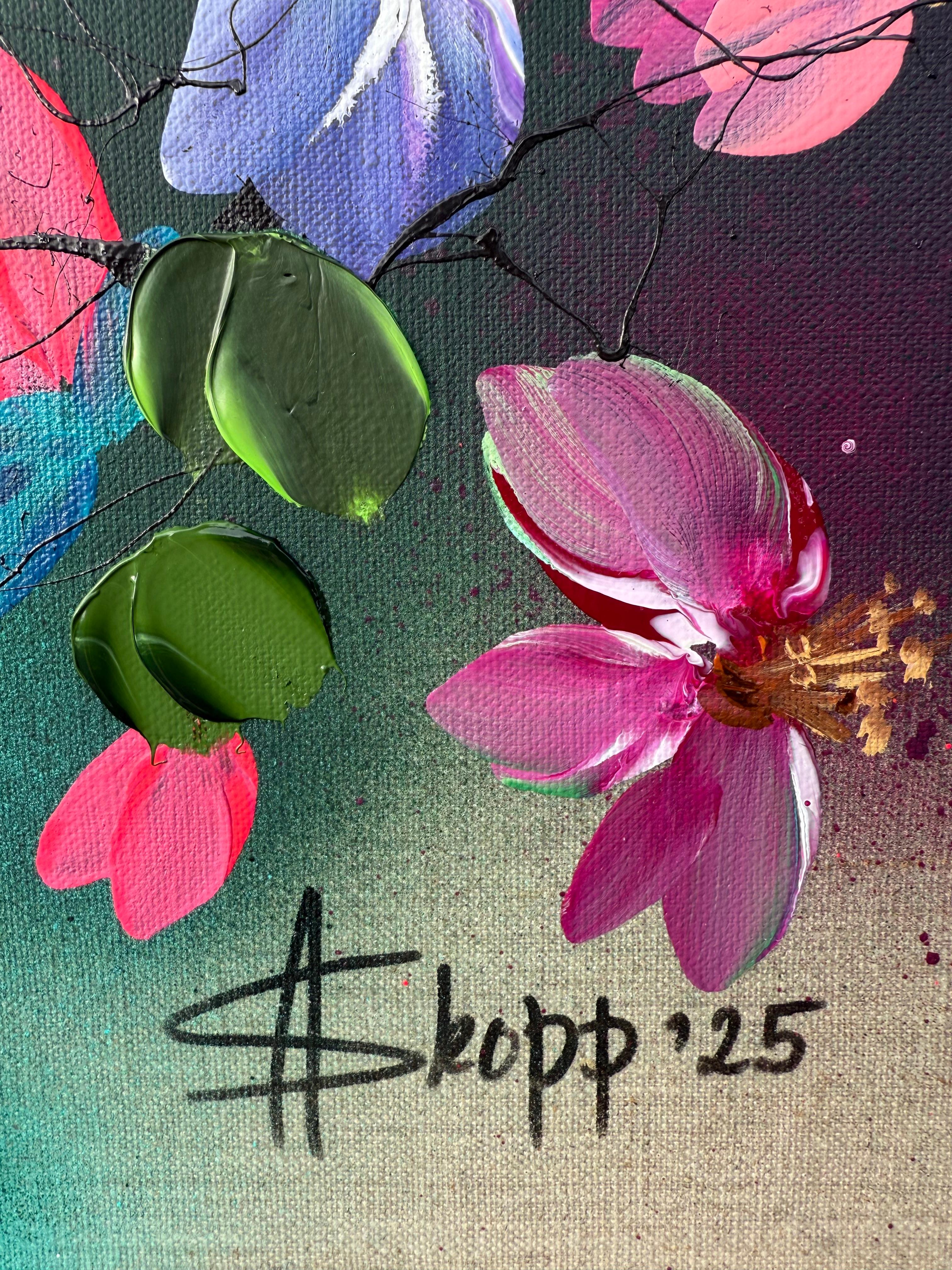Parlare con i fiori I -  dipinto impressionistico su tela di lino con rose in 3d in vendita 9
