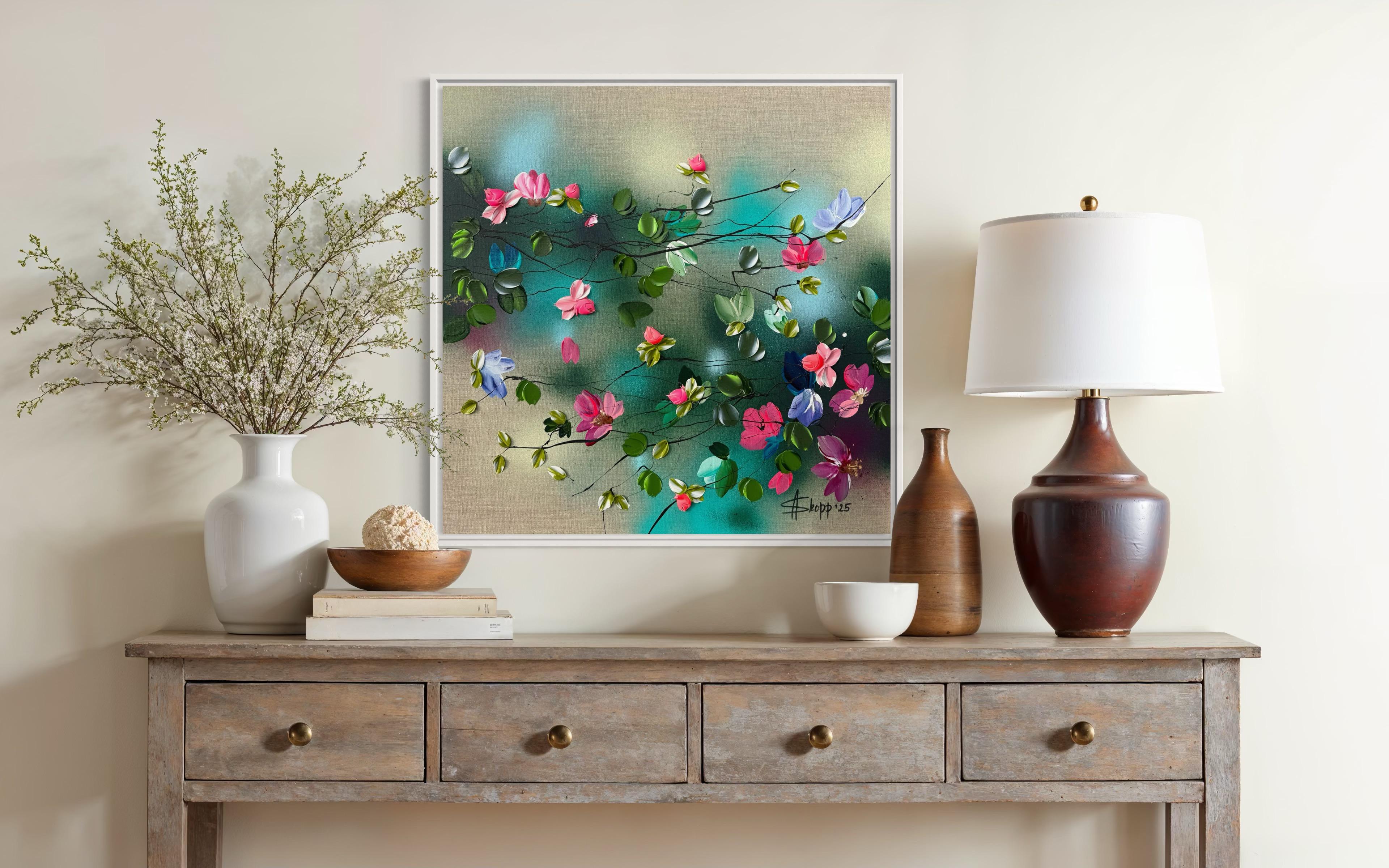 Parlare con i fiori I -  dipinto impressionistico su tela di lino con rose in 3d in vendita 10