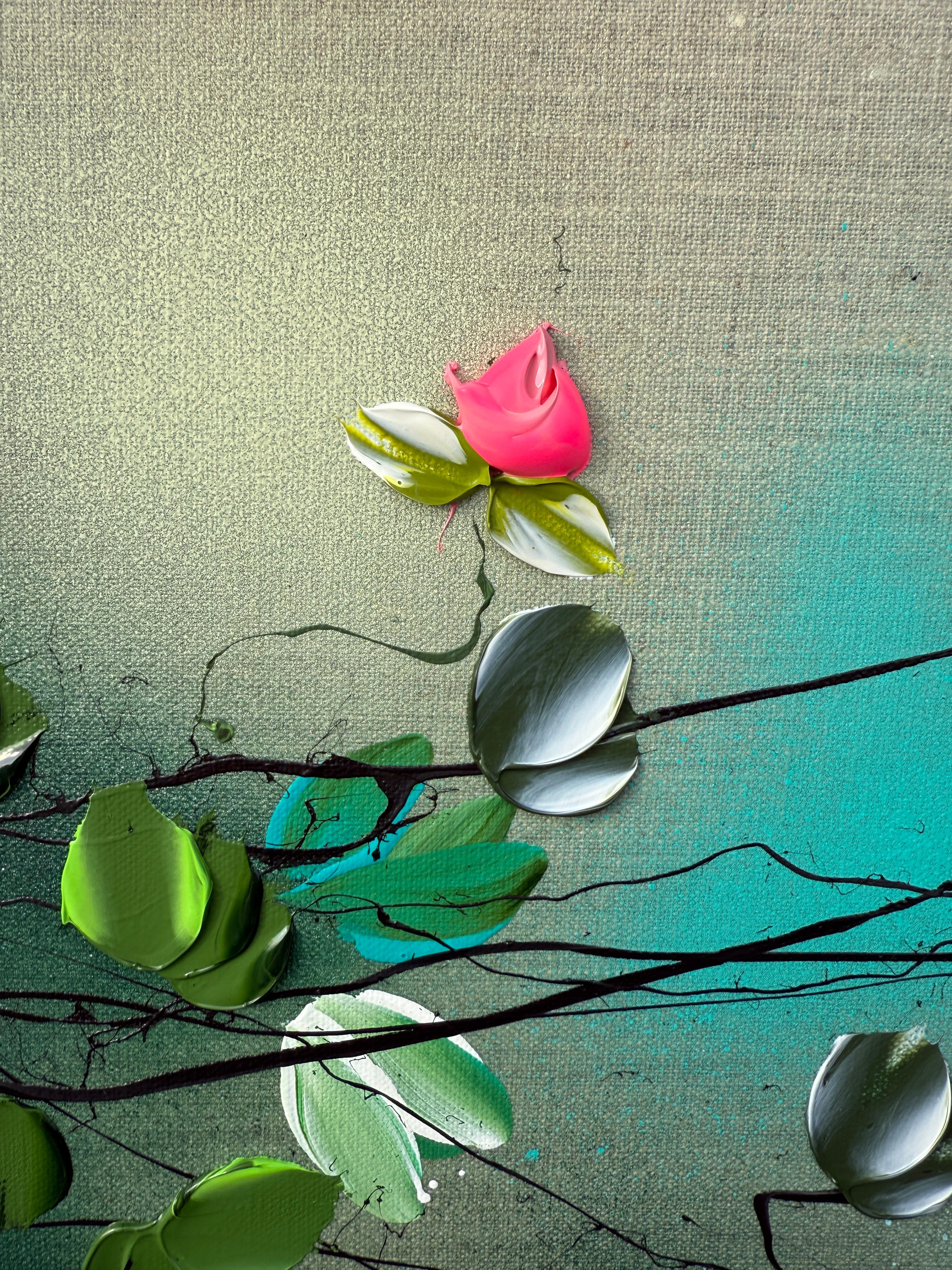 Parlare con i fiori I -  dipinto impressionistico su tela di lino con rose in 3d - Painting di Anastassia Skopp