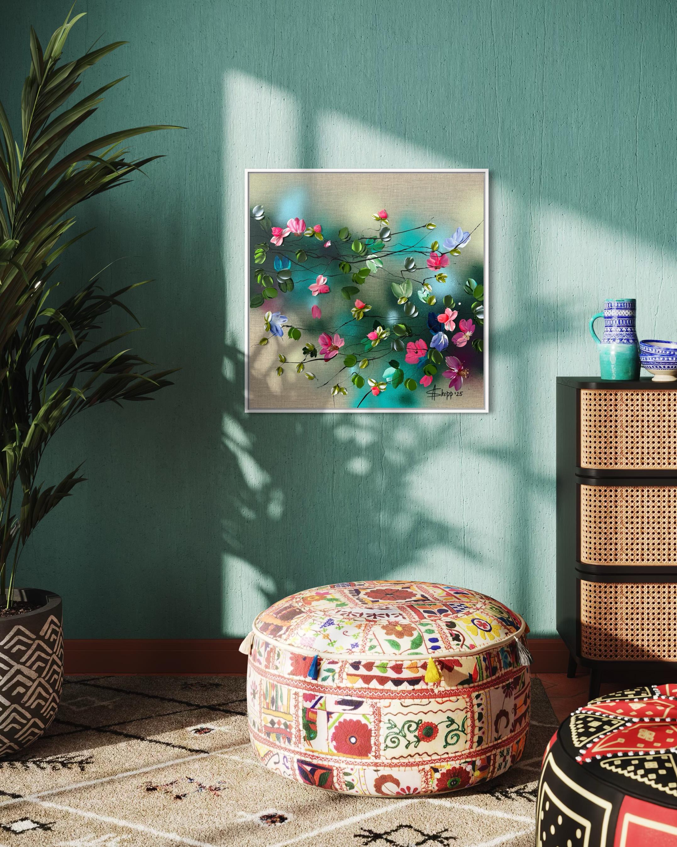 Parlare con i fiori I -  dipinto impressionistico su tela di lino con rose in 3d - Abstract Painting Grigio di Anastassia Skopp