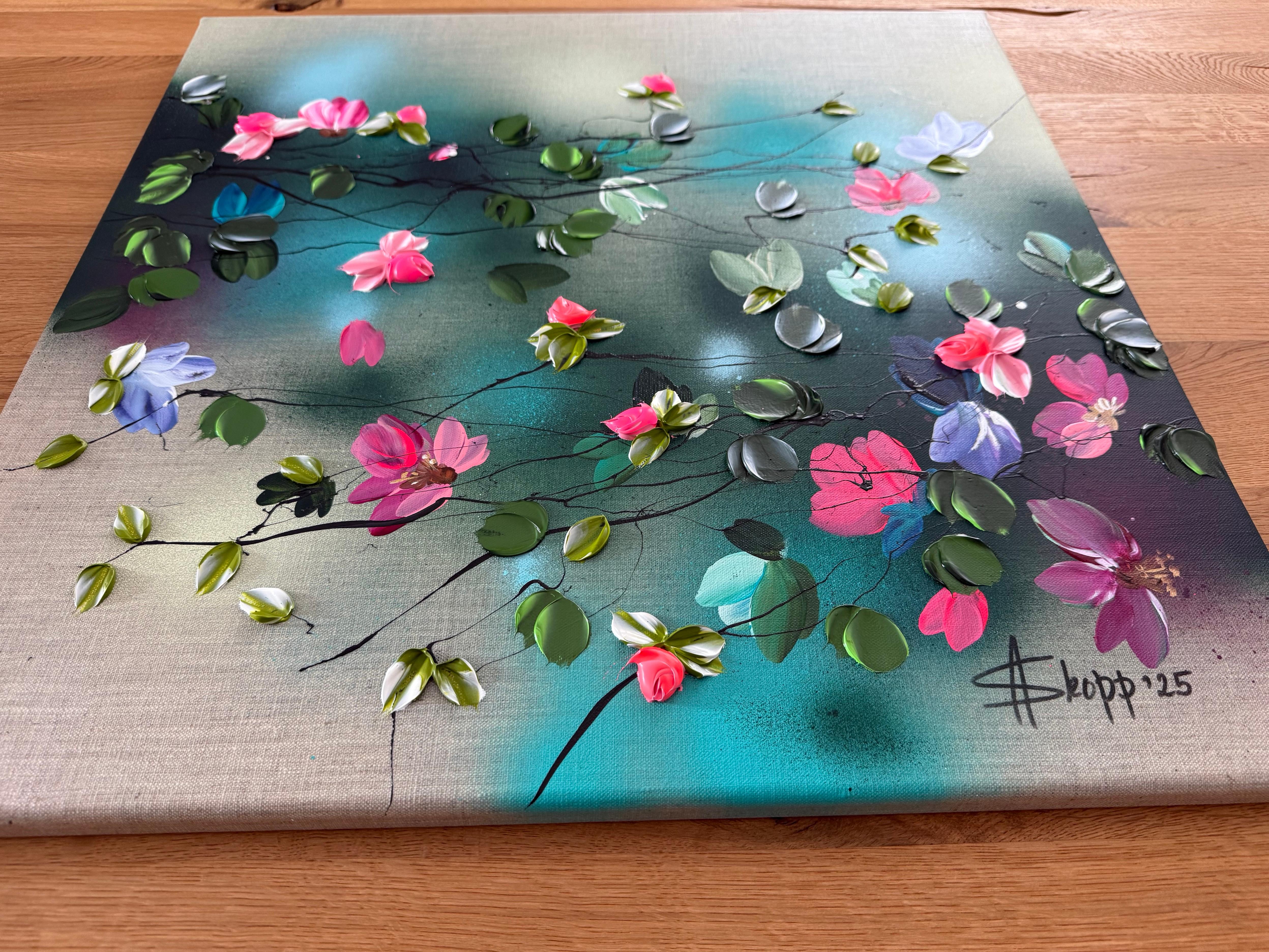 Parlare con i fiori I -  dipinto impressionistico su tela di lino con rose in 3d in vendita 1