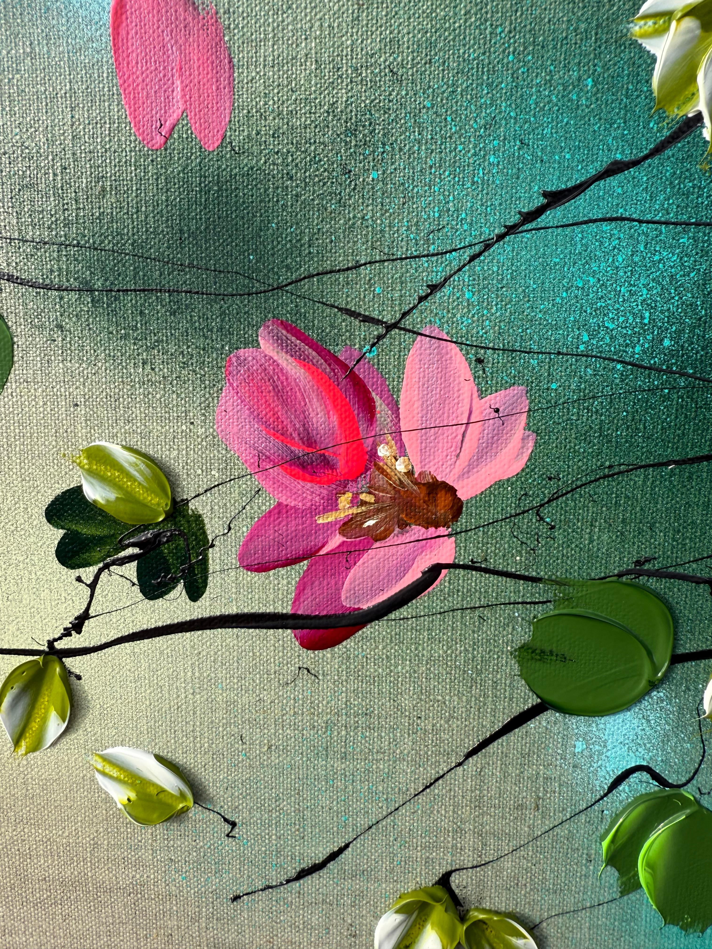 Parlare con i fiori I -  dipinto impressionistico su tela di lino con rose in 3d in vendita 2