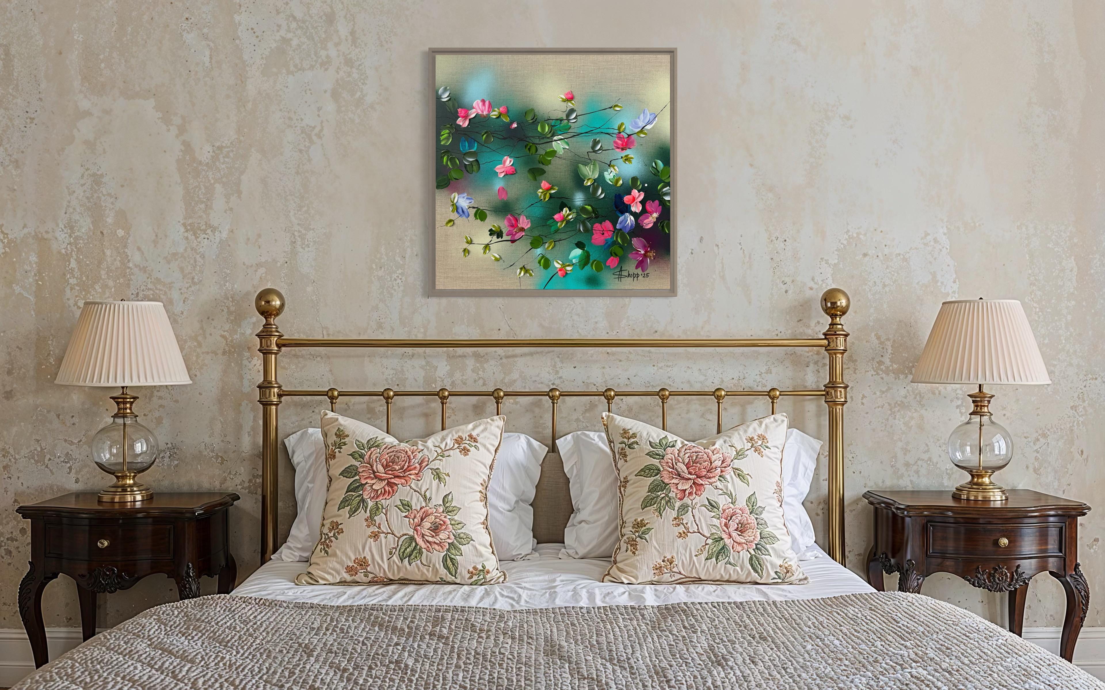 Parlare con i fiori I -  dipinto impressionistico su tela di lino con rose in 3d in vendita 3