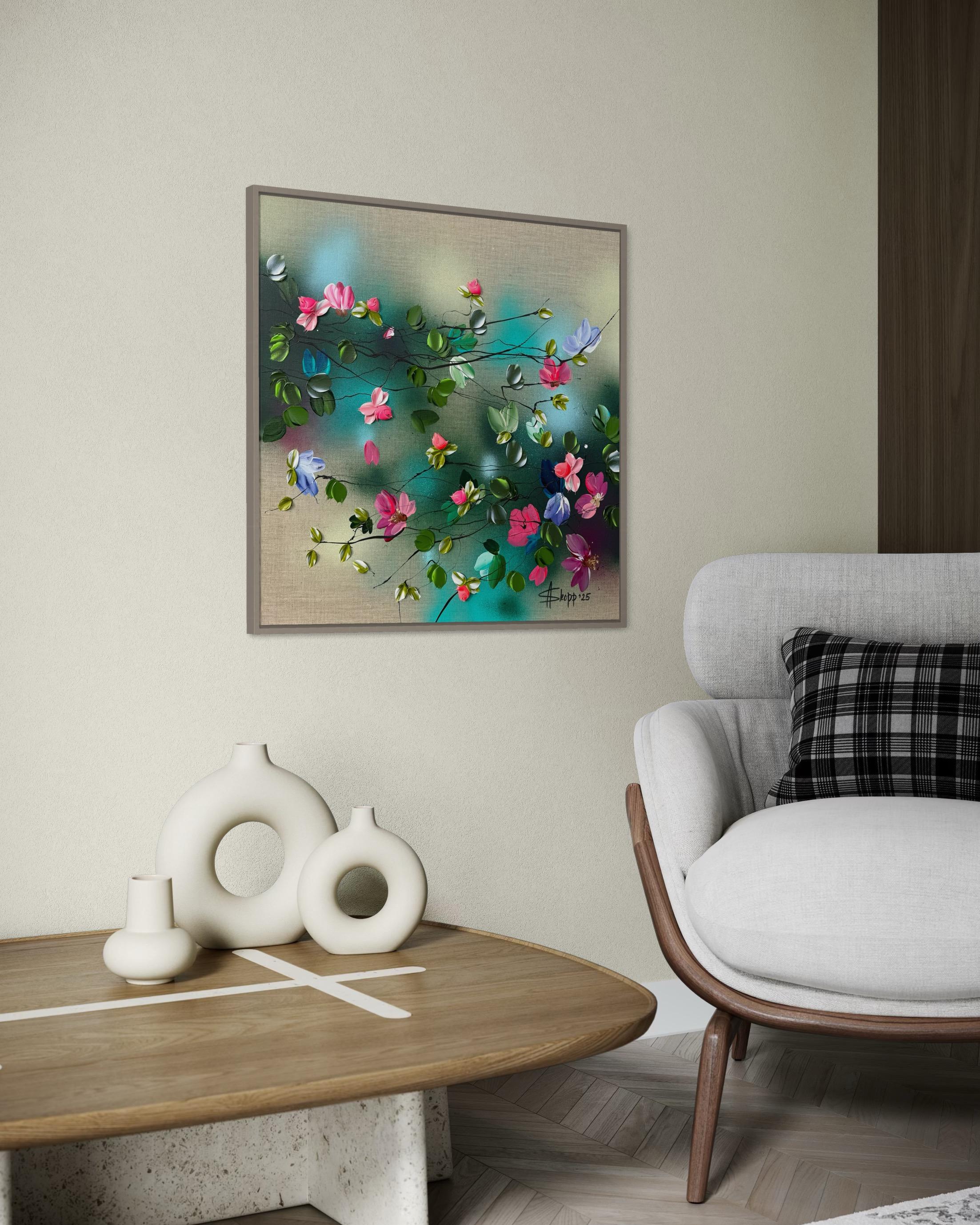 Parlare con i fiori I -  dipinto impressionistico su tela di lino con rose in 3d in vendita 4