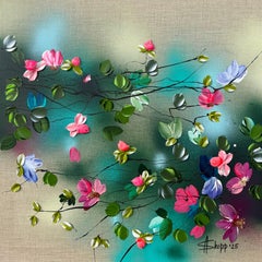 Flower Talk I -  impressionistic painting on linen canvas with 3d roses