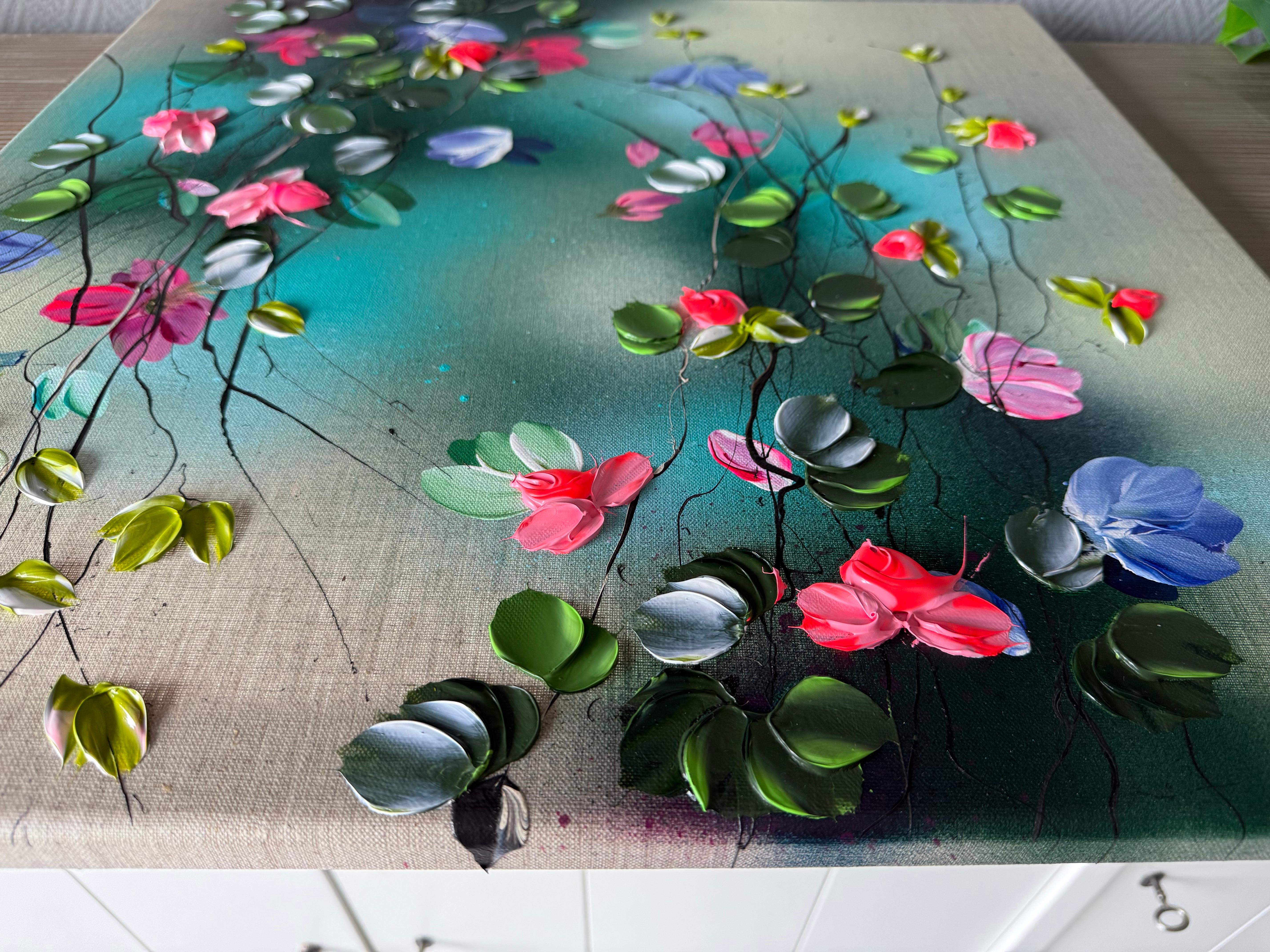 Flower Talk II -  impressionistic painting on linen canvas with 3d roses For Sale 5