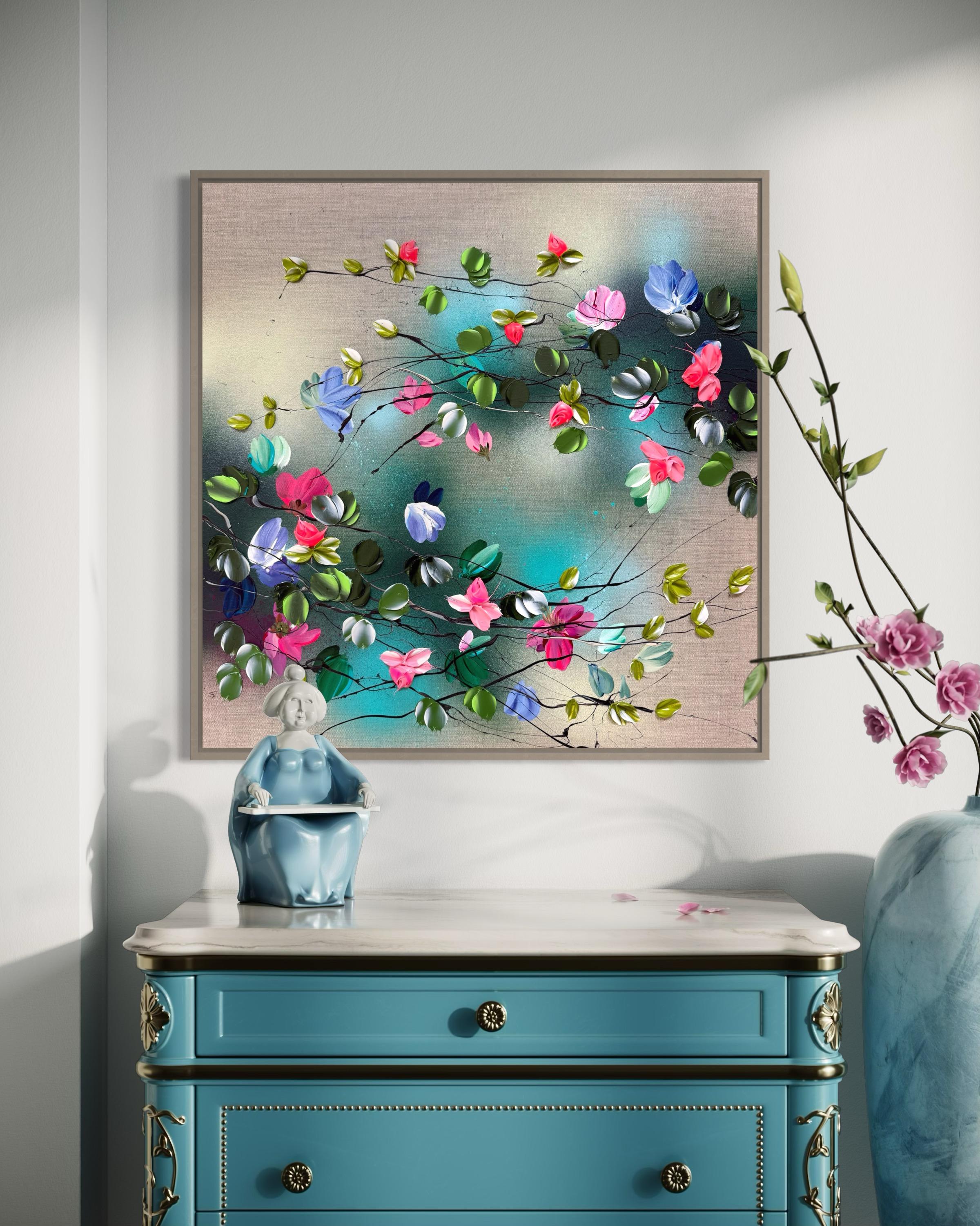 Flower Talk II -  impressionistic painting on linen canvas with 3d roses For Sale 6