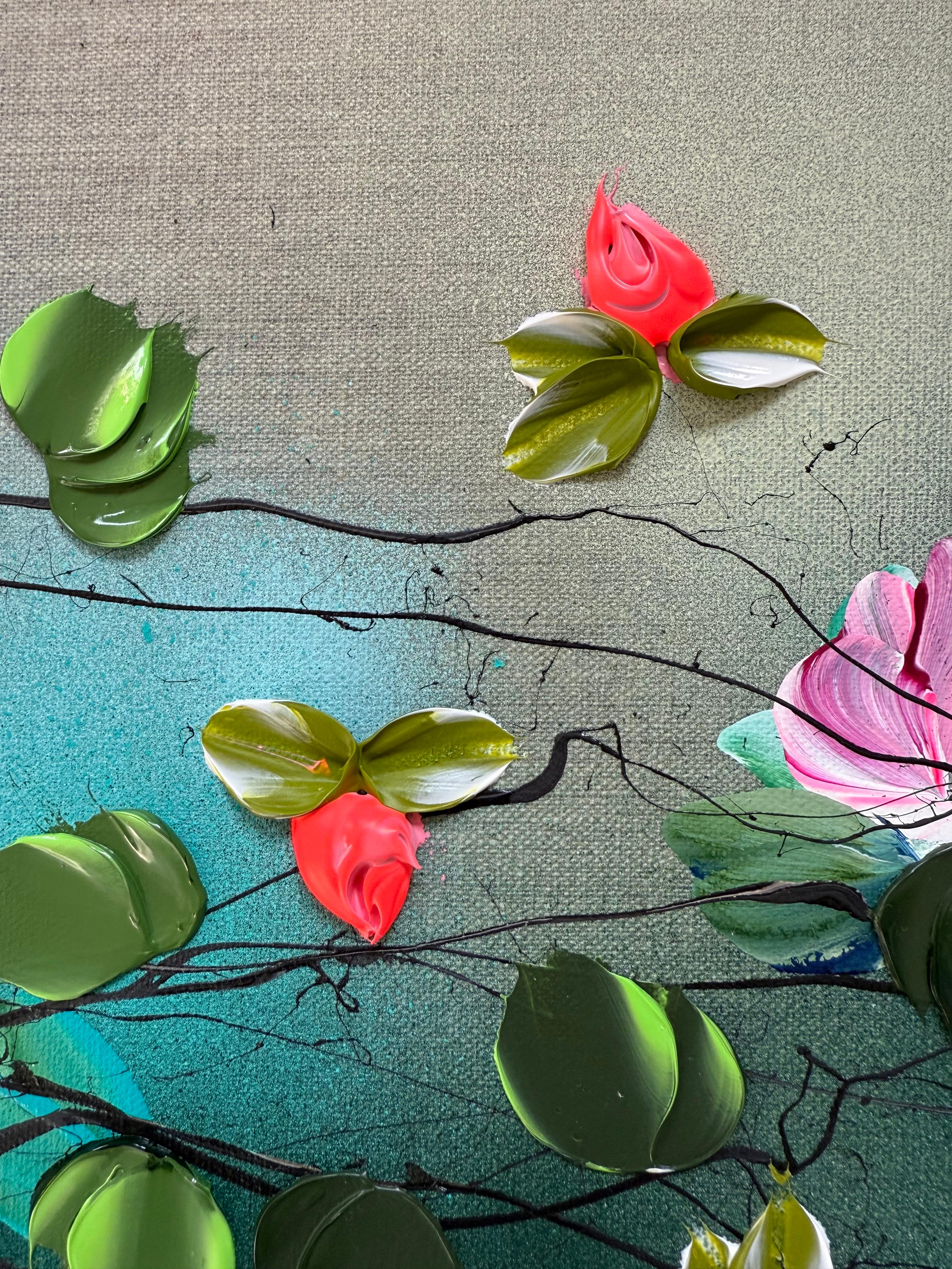 Flower Talk II -  impressionistic painting on linen canvas with 3d roses - Painting by Anastassia Skopp