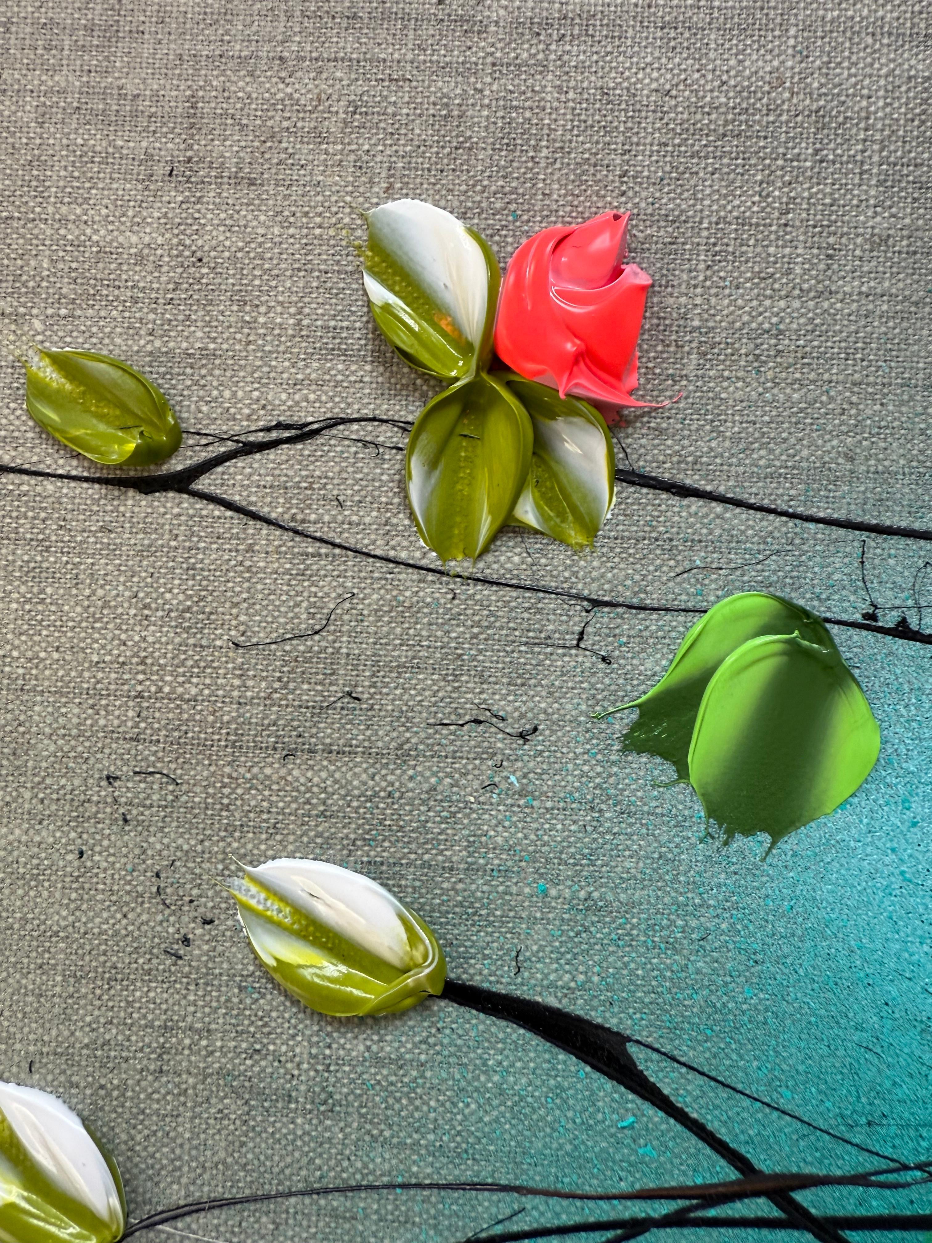Flower Talk II -  impressionistic painting on linen canvas with 3d roses - Gray Abstract Painting by Anastassia Skopp