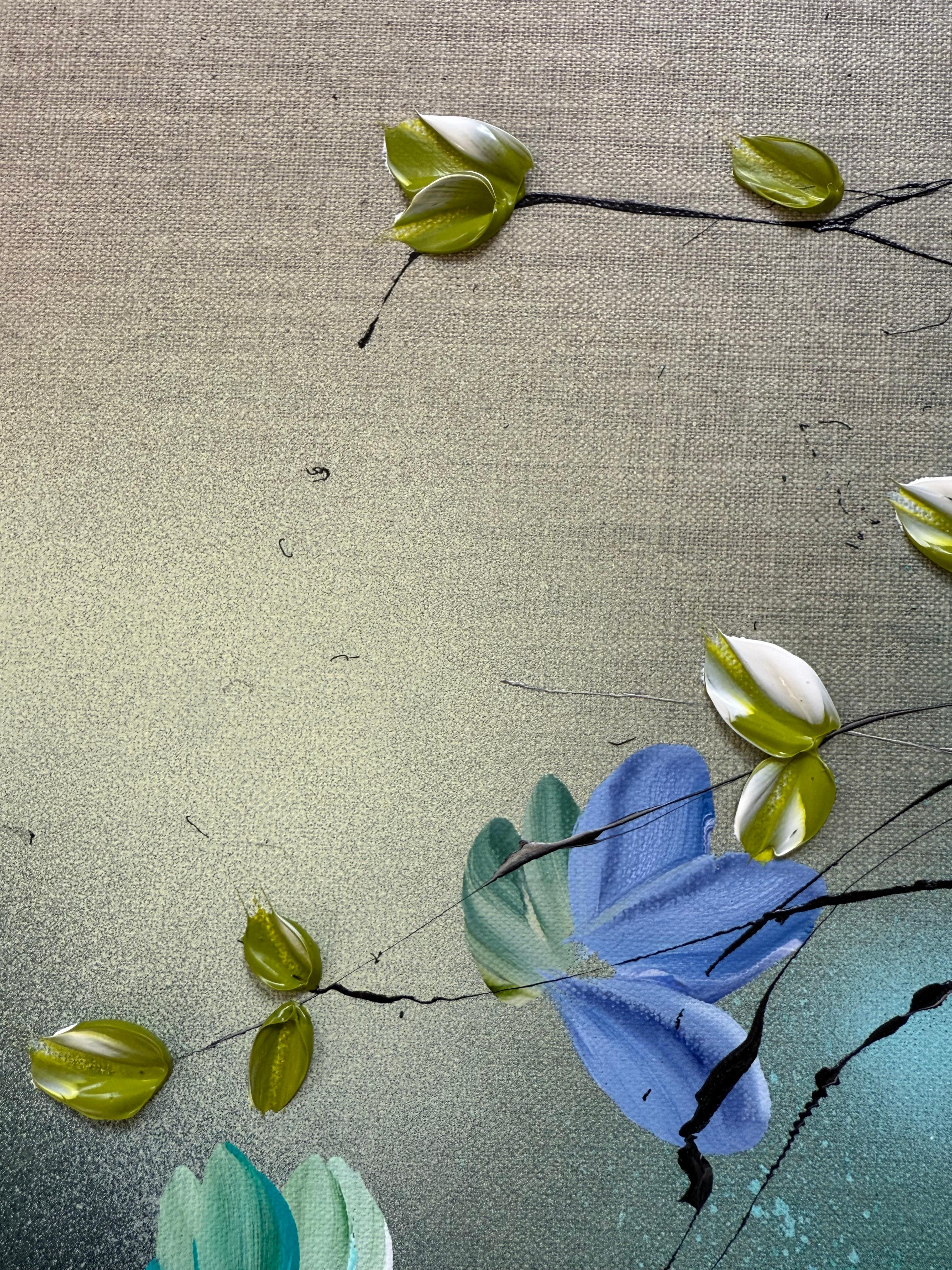 Flower Talk II -  impressionistic painting on linen canvas with 3d roses For Sale 2