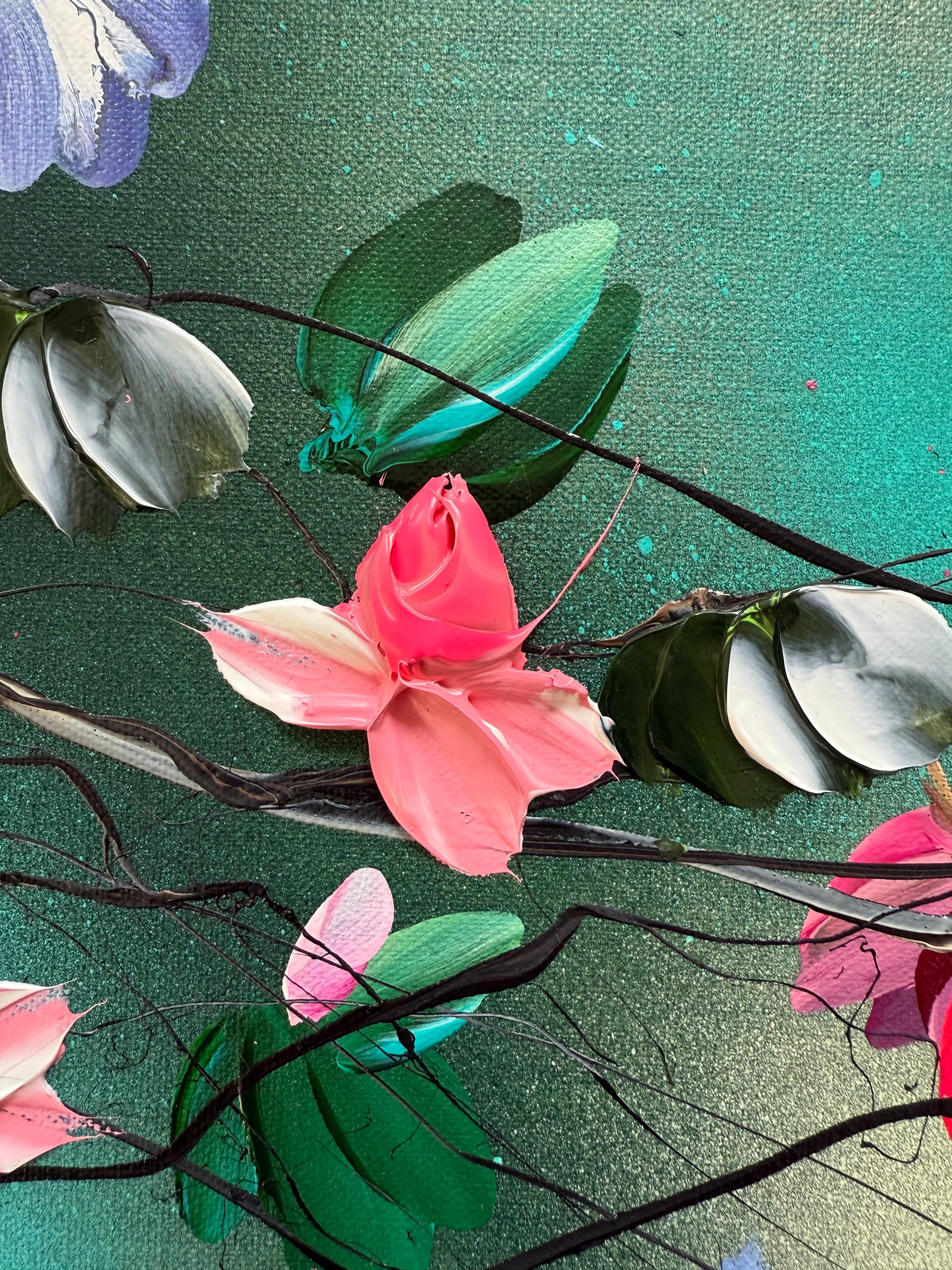 Flower Talk II -  impressionistic painting on linen canvas with 3d roses For Sale 3