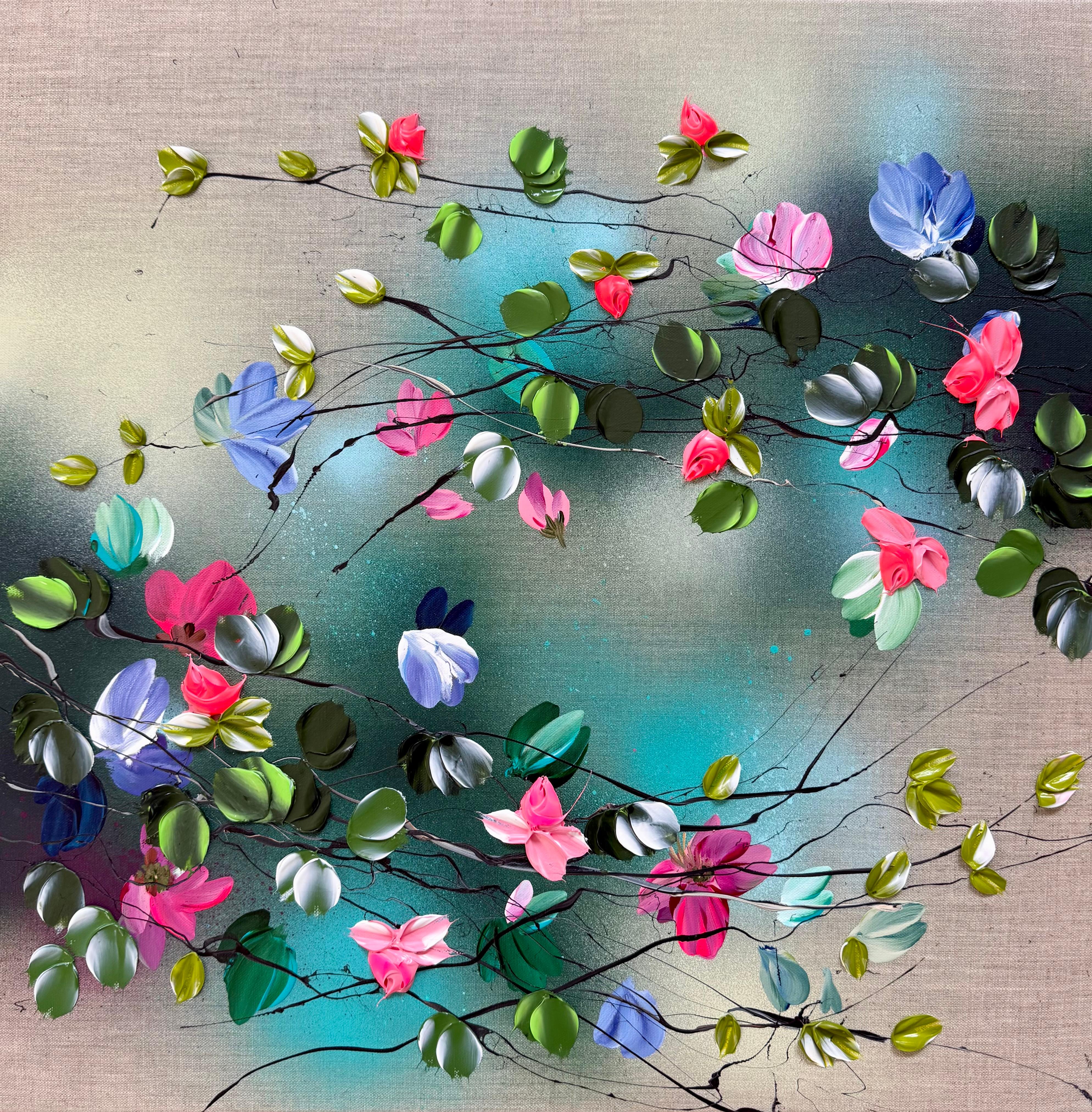Anastassia Skopp Abstract Painting - Flower Talk II -  impressionistic painting on linen canvas with 3d roses