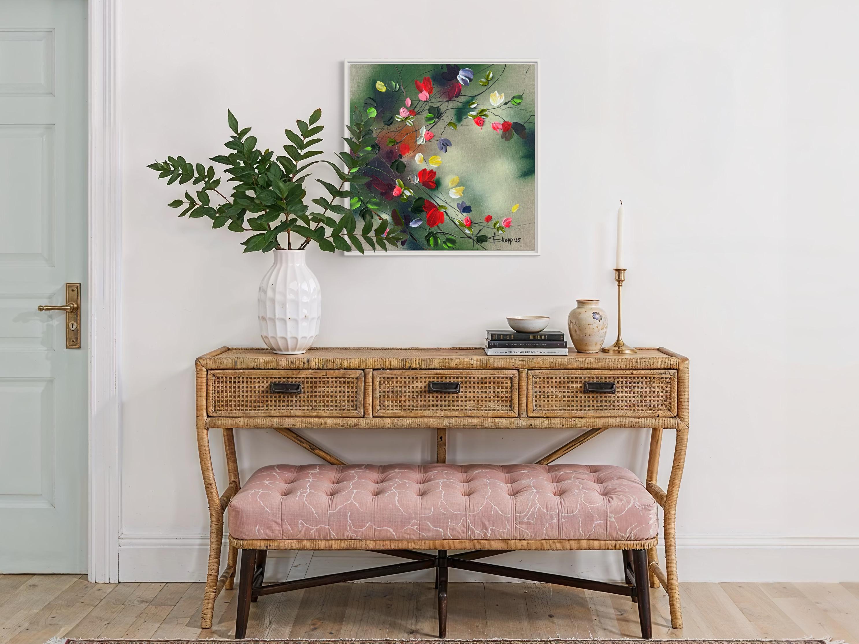 Fleurs -  coloré vert rose peinture impressionniste toile de lin 3d roses en vente 5