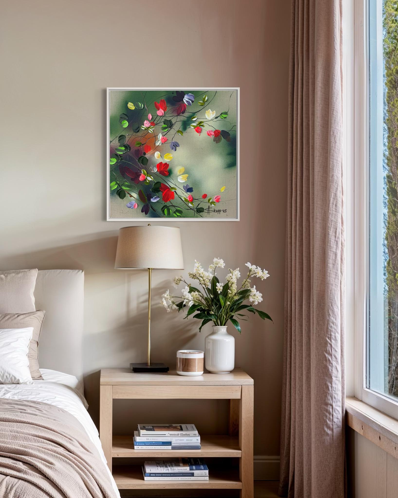 Fleurs -  coloré vert rose peinture impressionniste toile de lin 3d roses en vente 6