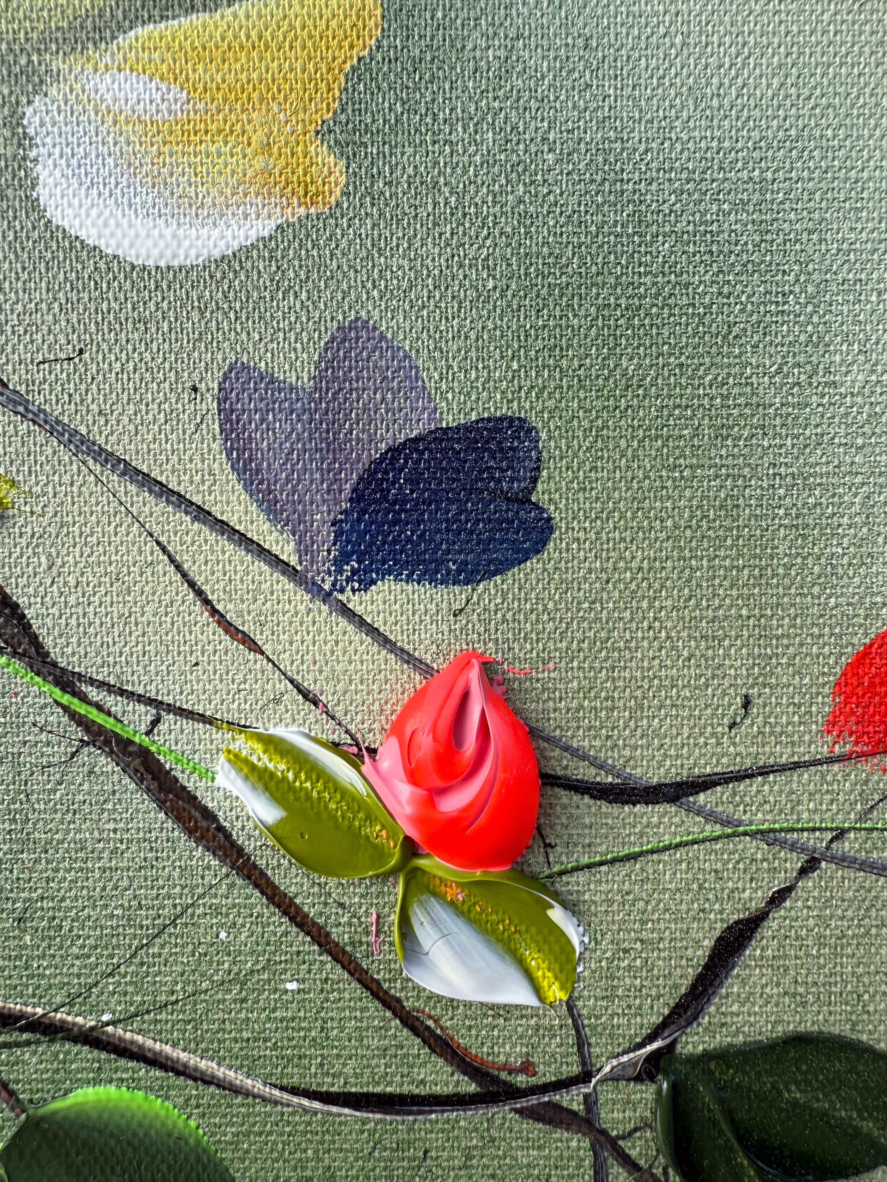 Fleurs -  coloré vert rose peinture impressionniste toile de lin 3d roses en vente 7