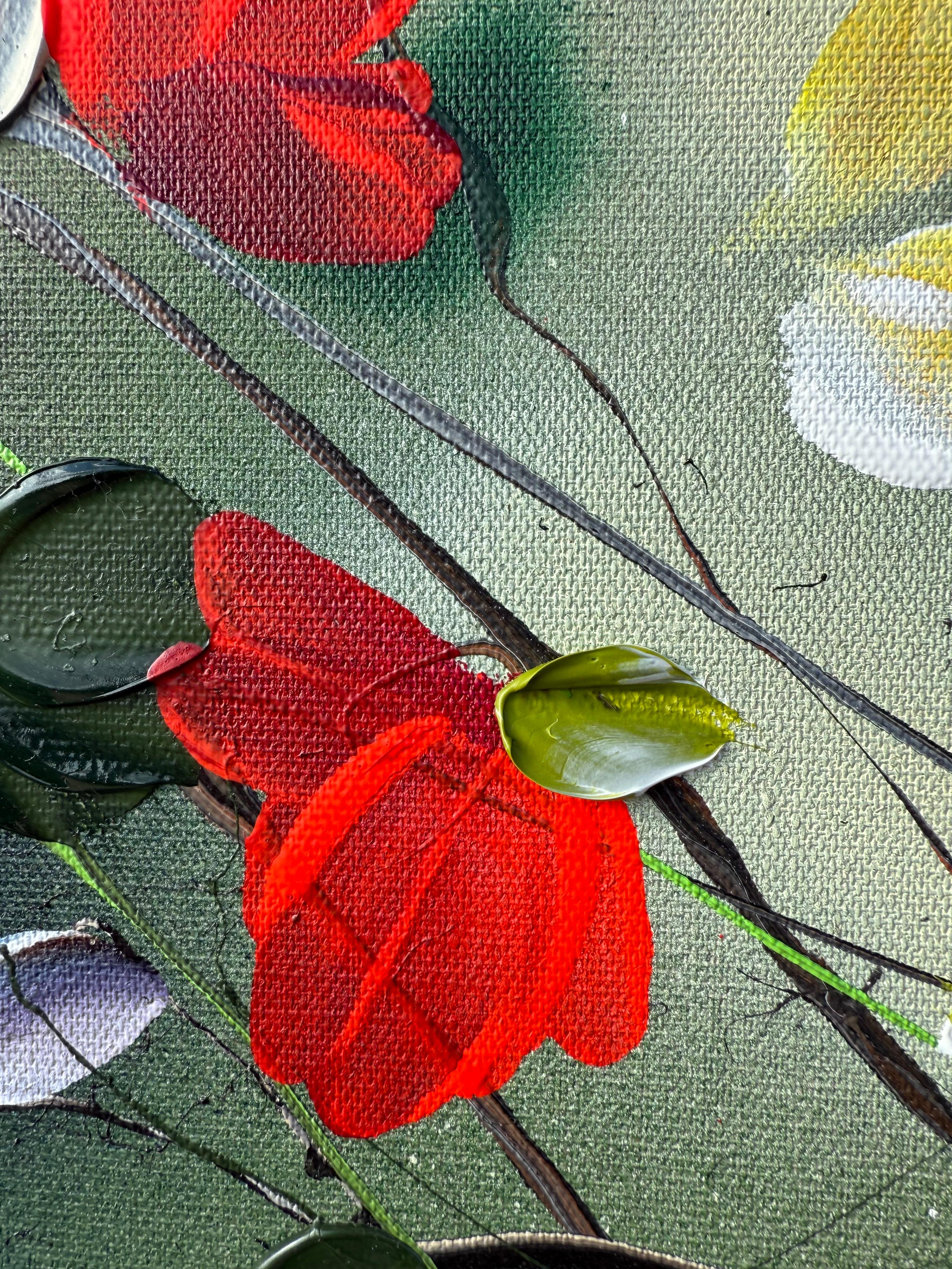 Fleurs -  coloré vert rose peinture impressionniste toile de lin 3d roses en vente 8