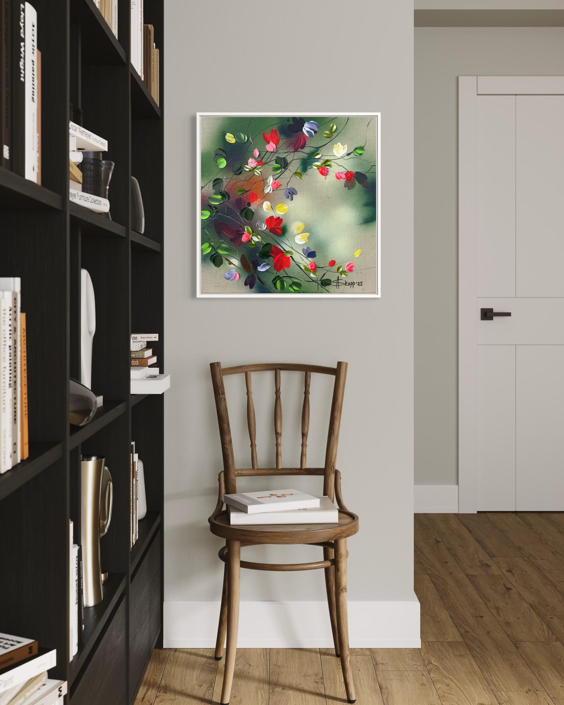 Fleurs -  coloré vert rose peinture impressionniste toile de lin 3d roses en vente 9