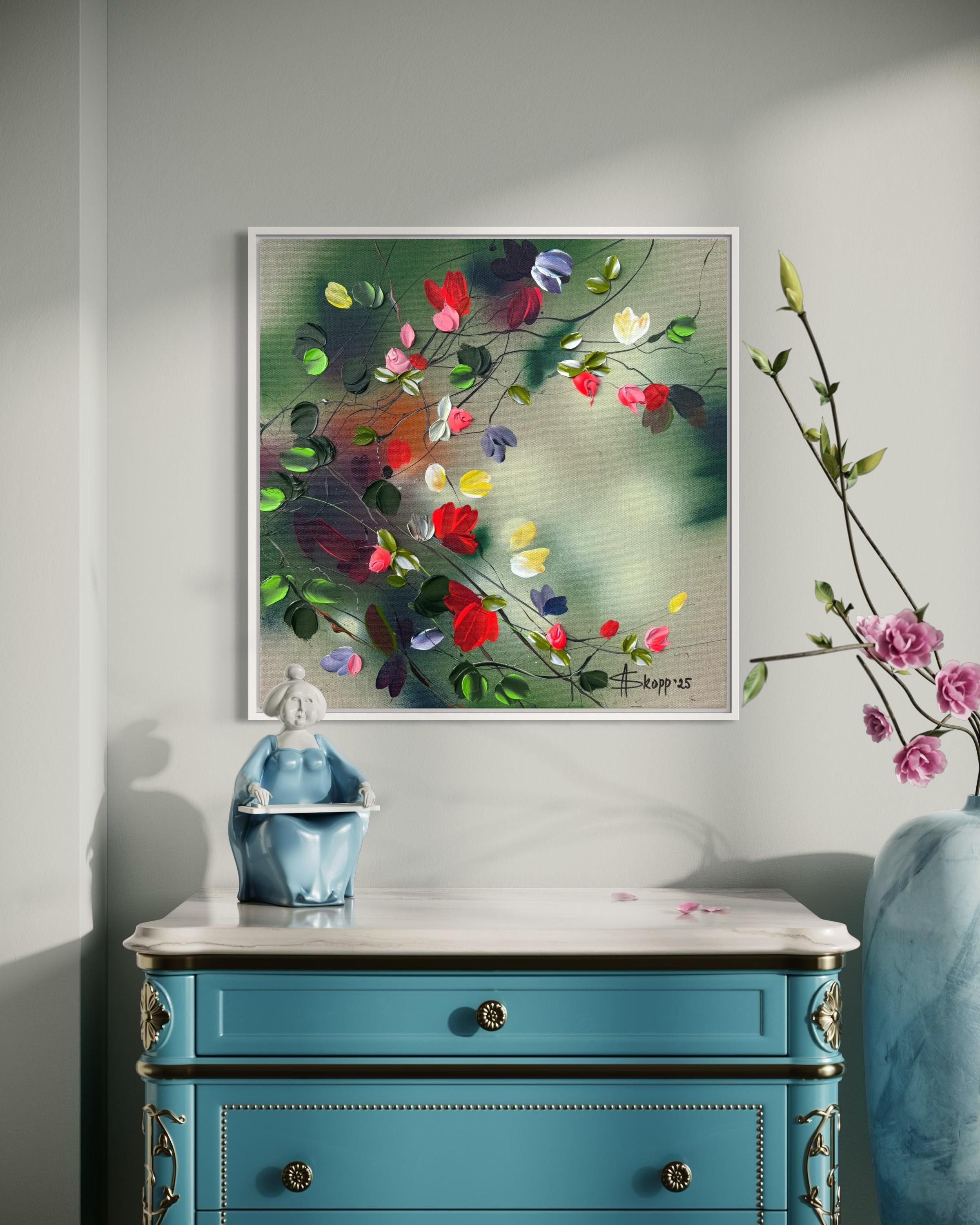 Fleurs -  coloré vert rose peinture impressionniste toile de lin 3d roses en vente 10