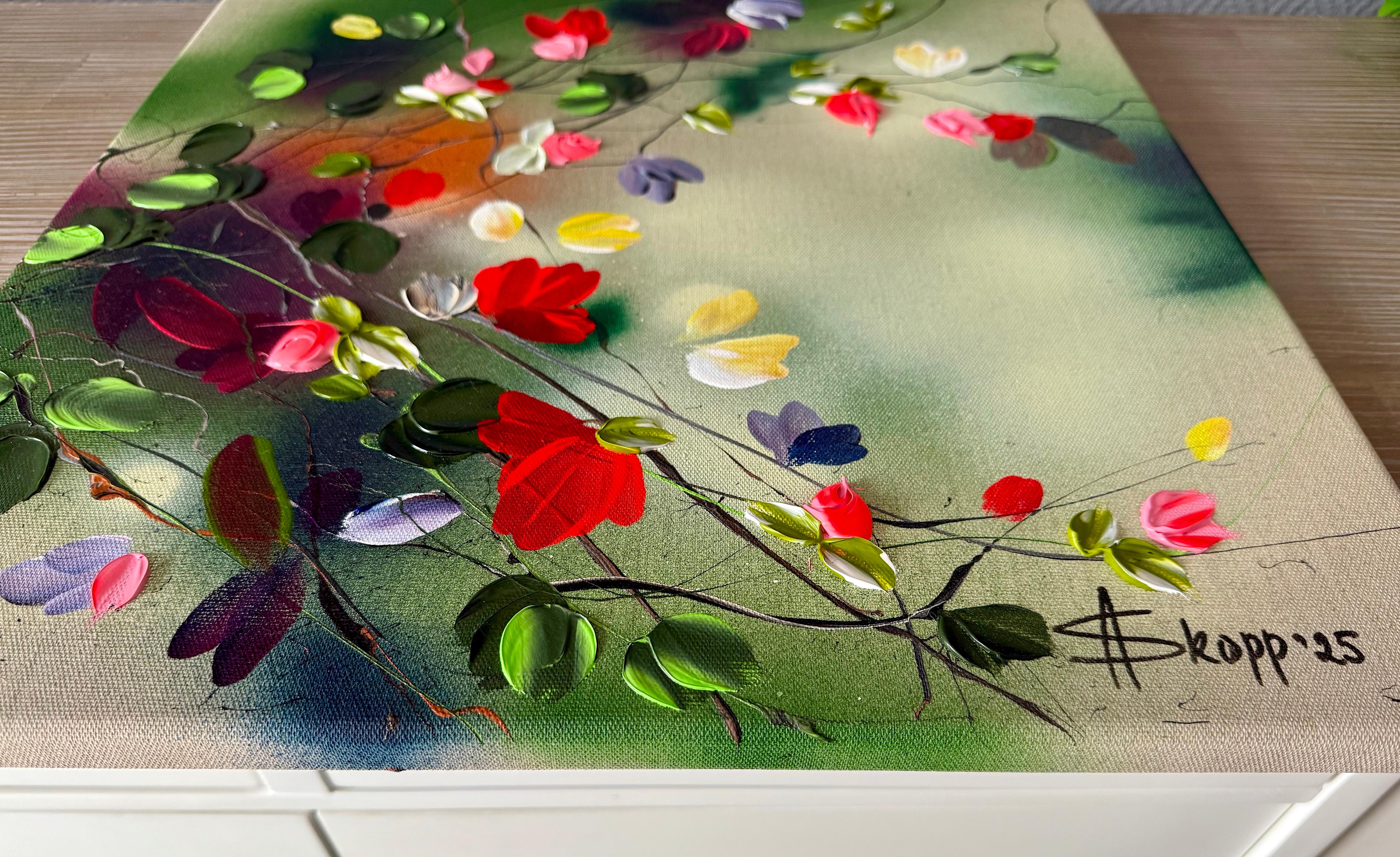 Fleurs -  coloré vert rose peinture impressionniste toile de lin 3d roses - Painting de Anastassia Skopp