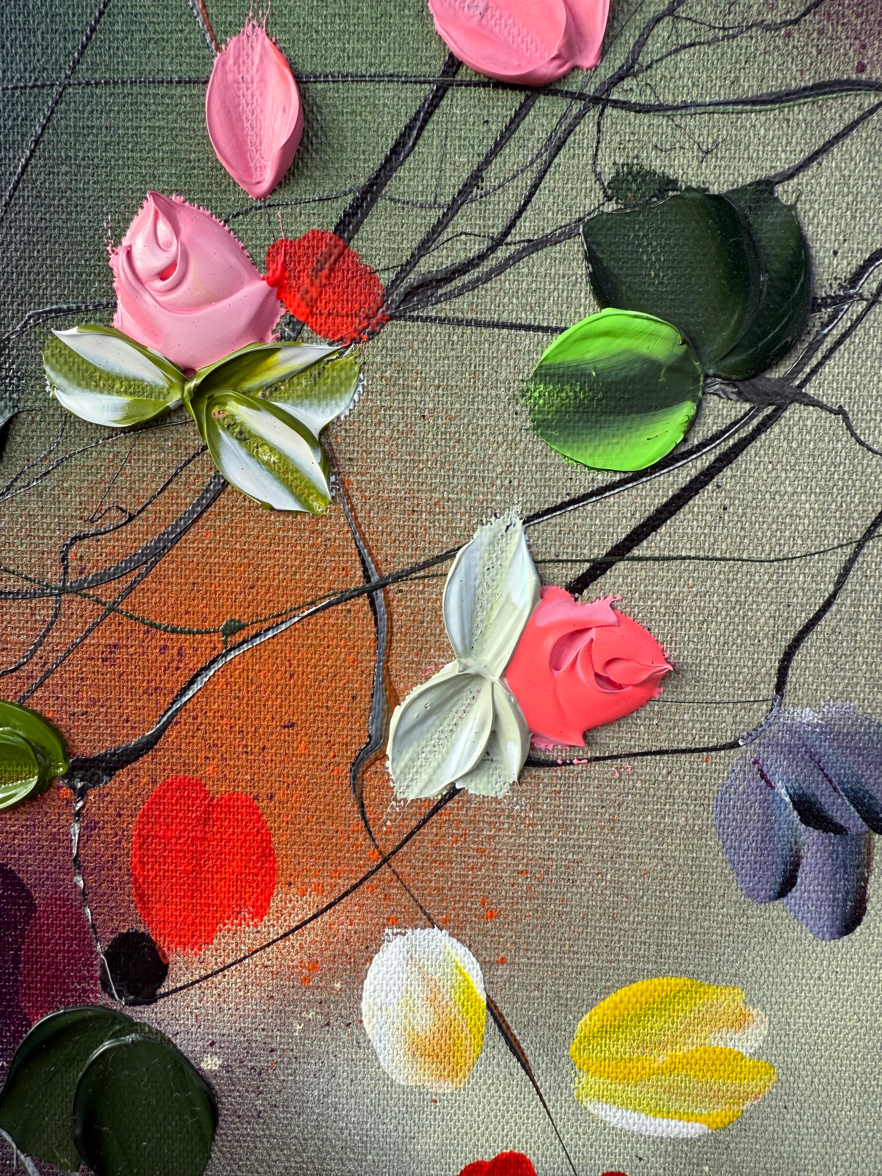 Fleurs -  coloré vert rose peinture impressionniste toile de lin 3d roses - Impressionnisme abstrait Painting par Anastassia Skopp