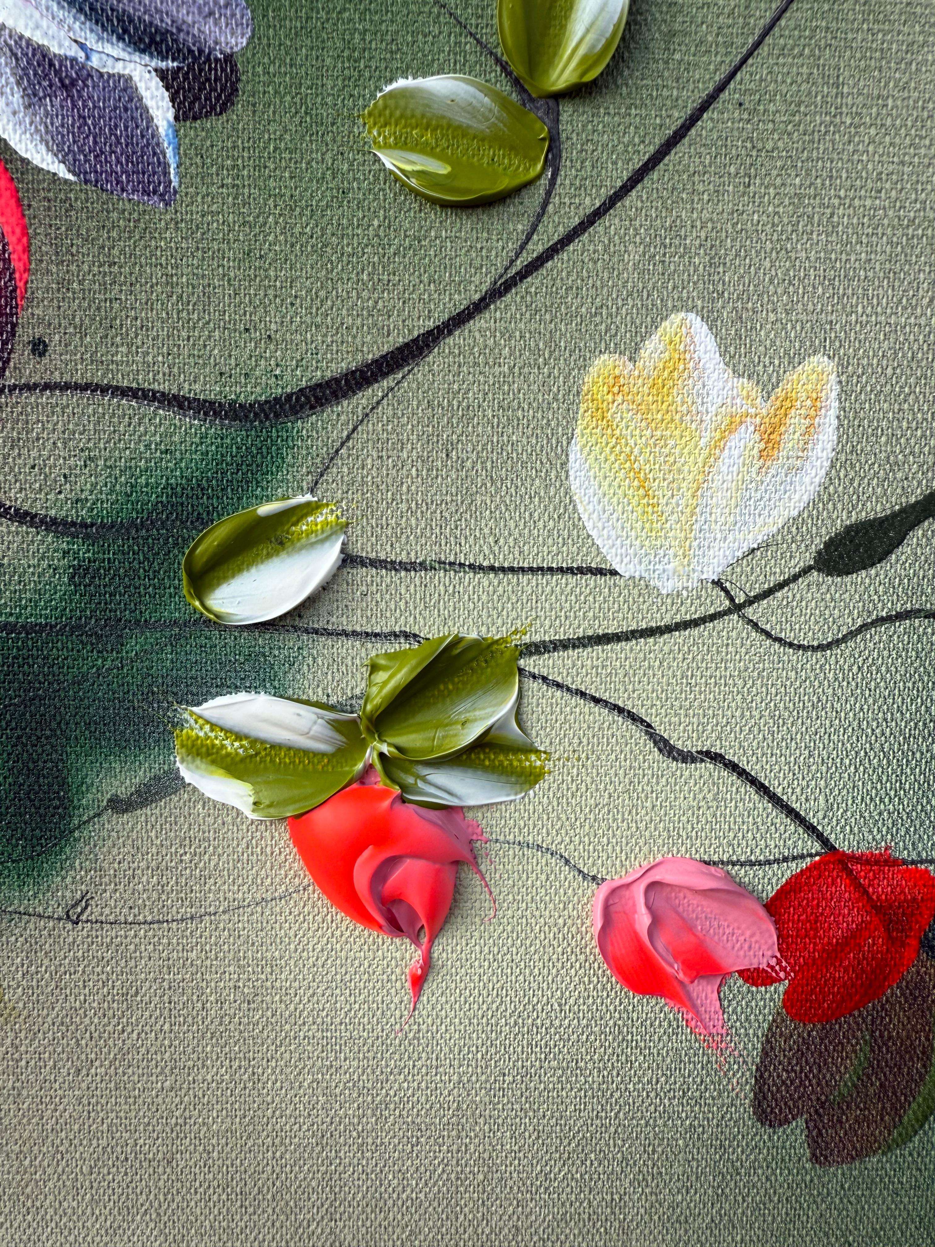 Fleurs -  coloré vert rose peinture impressionniste toile de lin 3d roses - Gris Abstract Painting par Anastassia Skopp