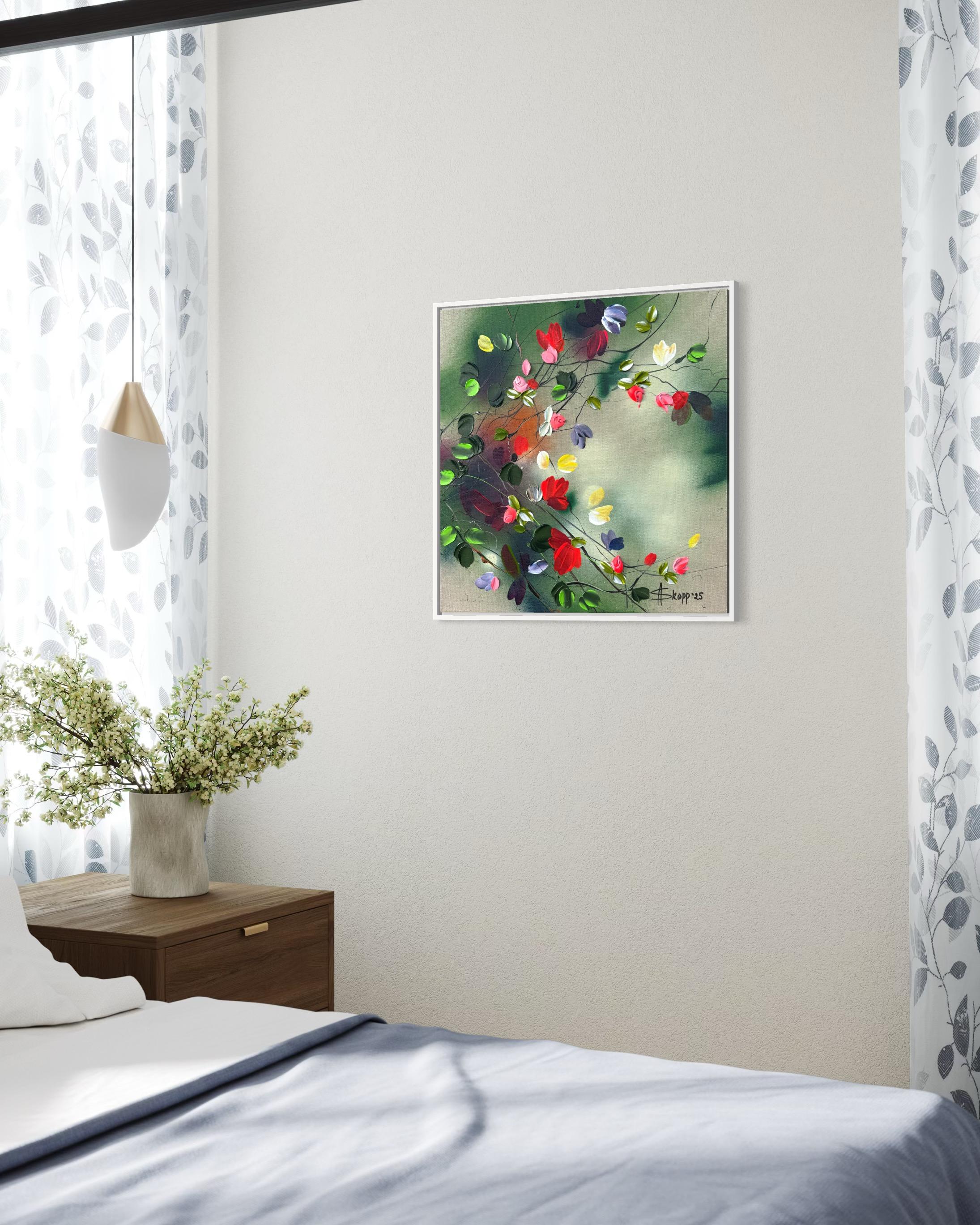 Fleurs -  coloré vert rose peinture impressionniste toile de lin 3d roses en vente 1