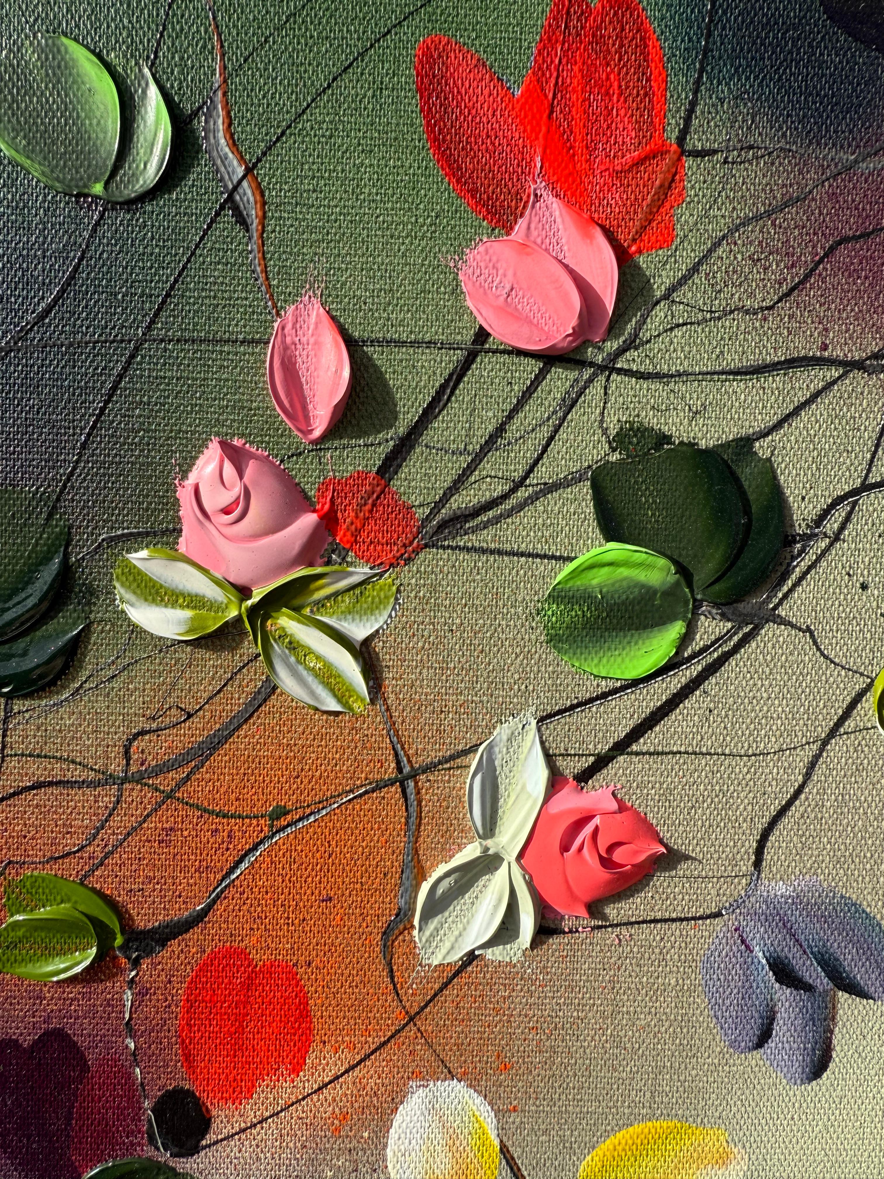 Fleurs -  coloré vert rose peinture impressionniste toile de lin 3d roses en vente 2