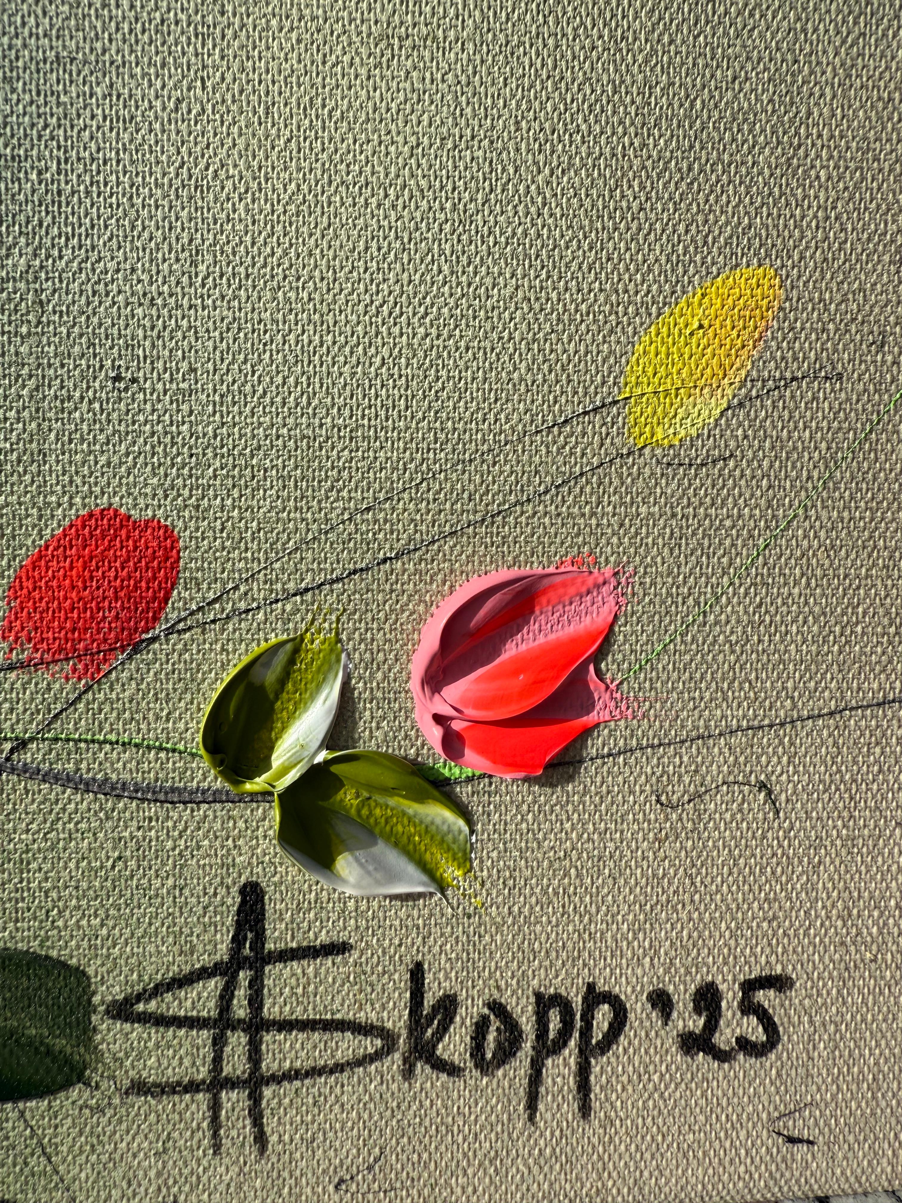 Fleurs -  coloré vert rose peinture impressionniste toile de lin 3d roses en vente 3